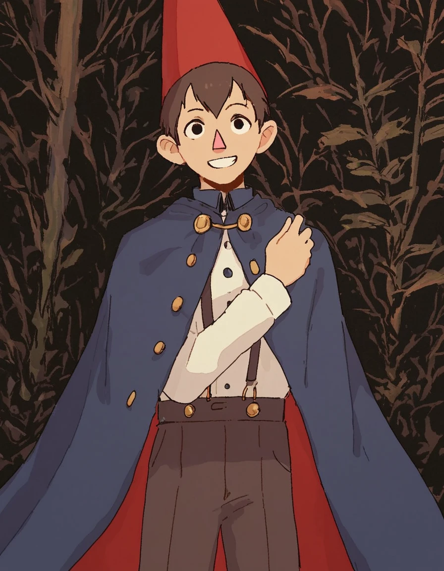 source_ANIME, score_9, score_8_up, score_7_up, wirtotgw, wirt, over the garden wall, wirt_(over_the_garden_wall), pink nose, cynical smile, solo, beige skin, short hair, brown_hair, hair between eyes, suspenders, male_focus, long_sleeves, blue cape, red hat, cone hat, dark forest, brown forest, dark colors, black background, dark background, (detailed:1.5), detailed shadows, chiaroscuro