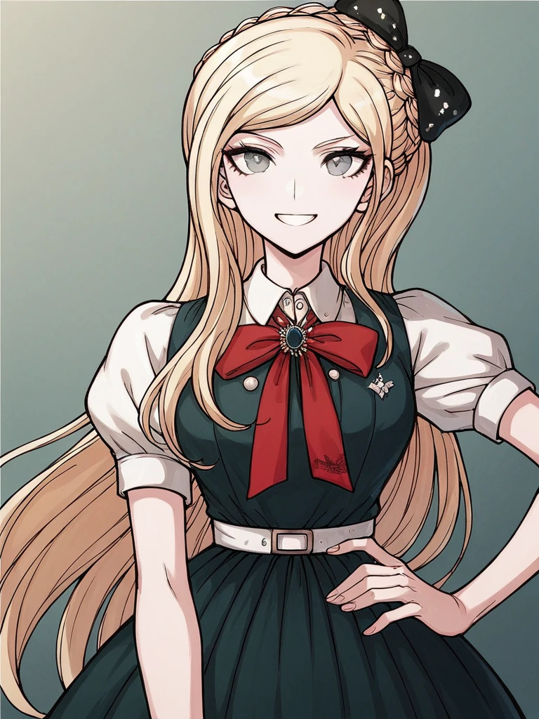 score_9, score_8_up, score_7_up, 1girl, Sonia Nevermind, blonde hair, long hair, black hair bow, crown braid, grey eyes,

white shirt, puffy short sleeves, red neck ribbon, black dress, 
hand on hip, smile, looking at viewer, 