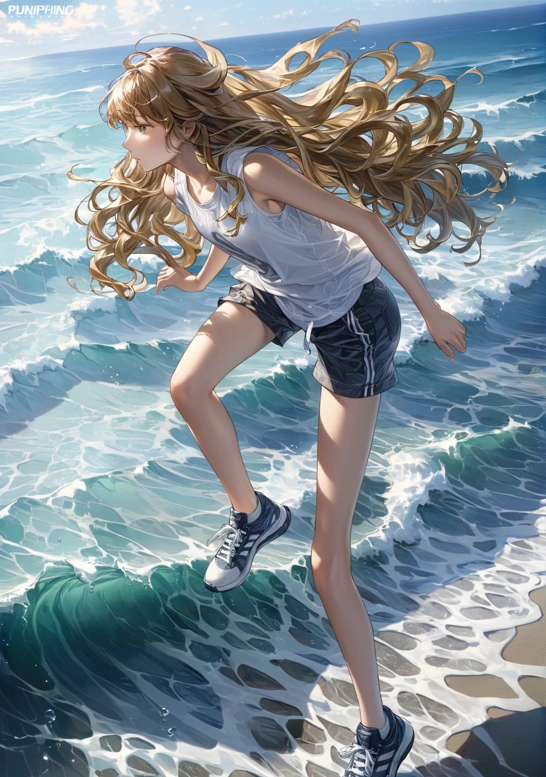 masterpiece, detailed image, highly detailed, 1girl, black_wavy_hair, long_hair, bangs, sleeveless_shirt, shorts, sneakers, sea<lora:EMS-335737-EMS:1.000000>, <lora:EMS-289246-EMS:0.800000>, <lora:EMS-365046-EMS:0.800000>