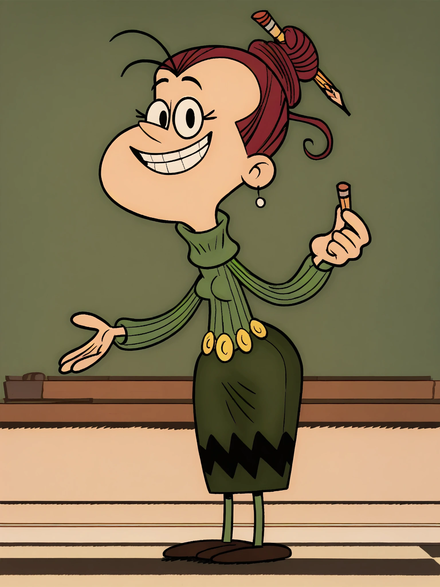 <lora:AgnesJohnsonPony1.0:1>agnesj, pencil in hair, turtleneck, solo, single hair bun, green sweater, belt, green skirt,smile, looking at viewer, teeth,chalkboard, brown footwear, score_9, score_8_up, score_7_up, score_6_up, score_5_up, score_4_up