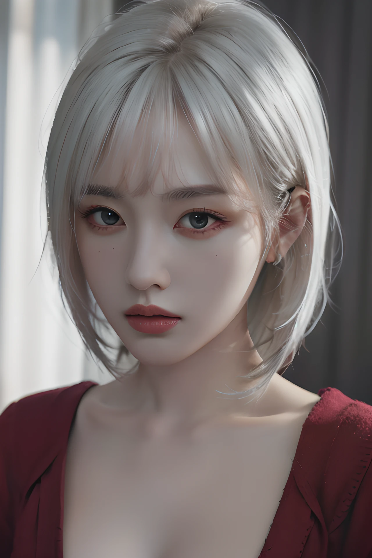 (4k, best quality, highres, absurdres, masterpiece:1.21), (realistic:1.331), detailed and intricate,
1girl, white hair, red shirt, <lora:girlslike_zti2:0.7>