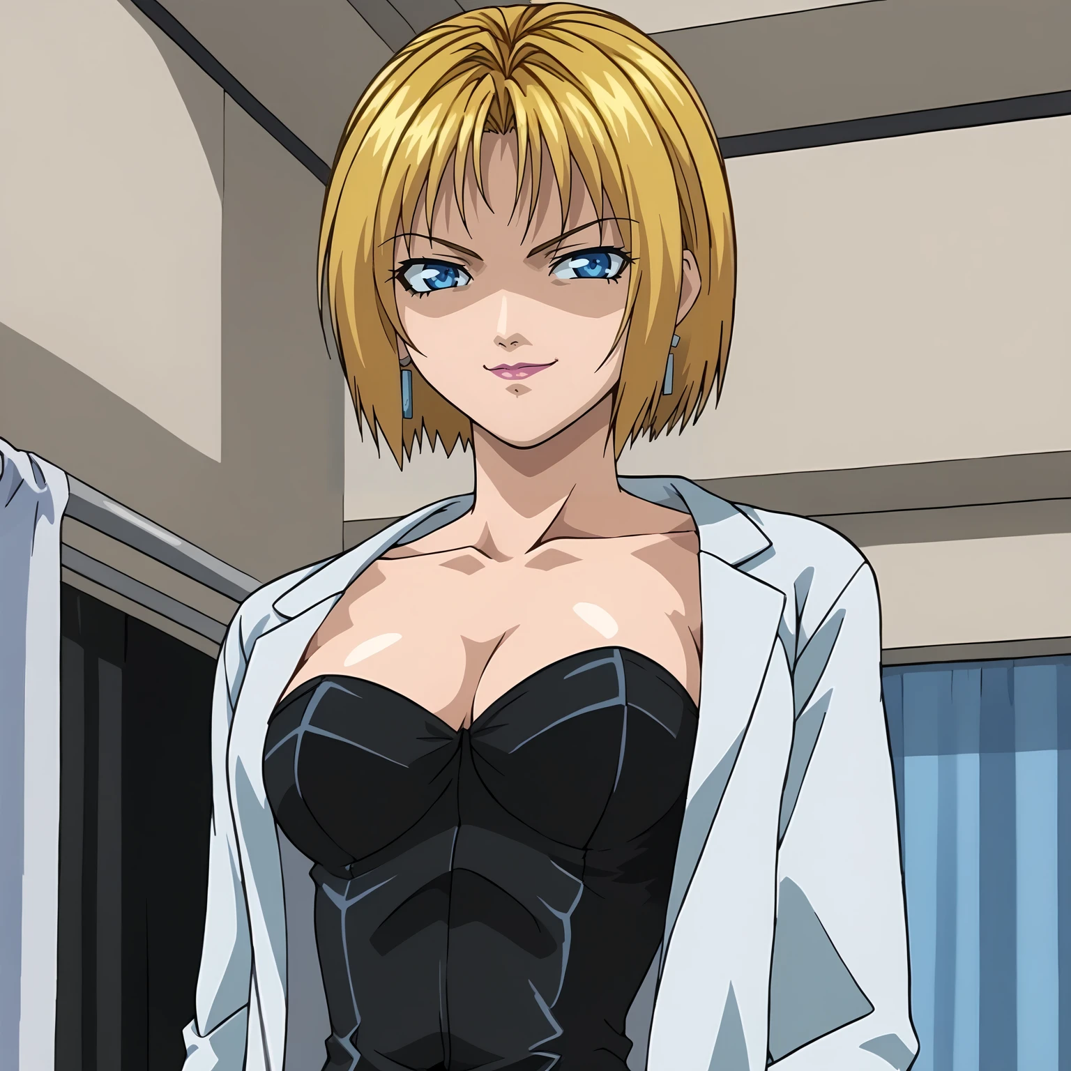 <lora:KitamiReikaXLpony001:0.9>,smirk,shaded_face,
solo,
KitamiReika,1girl,blonde hair,medium hair,blue eyes,medium breasts,
earrings,
lab coat,
strapless,black dress,
black thighhighs,
