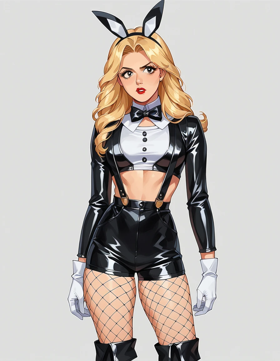 score_9, score_8_up, score_7_up, score_6_up, score_5_up, score_4_up, best quality, anime, 1girl, hud_bunnie, long sleeves, crop top, black shorts, suspenders, black bowtie, fake animal ears, gloves, shiny clothes, fishnets, boots,<lora:bunny_xlp-000008:0.7>, adult, pale skin, eyeliner, lipstick, long eyelashes, woman, medium breasts, mature, (Retro blonde victory rolls hair:1.3),