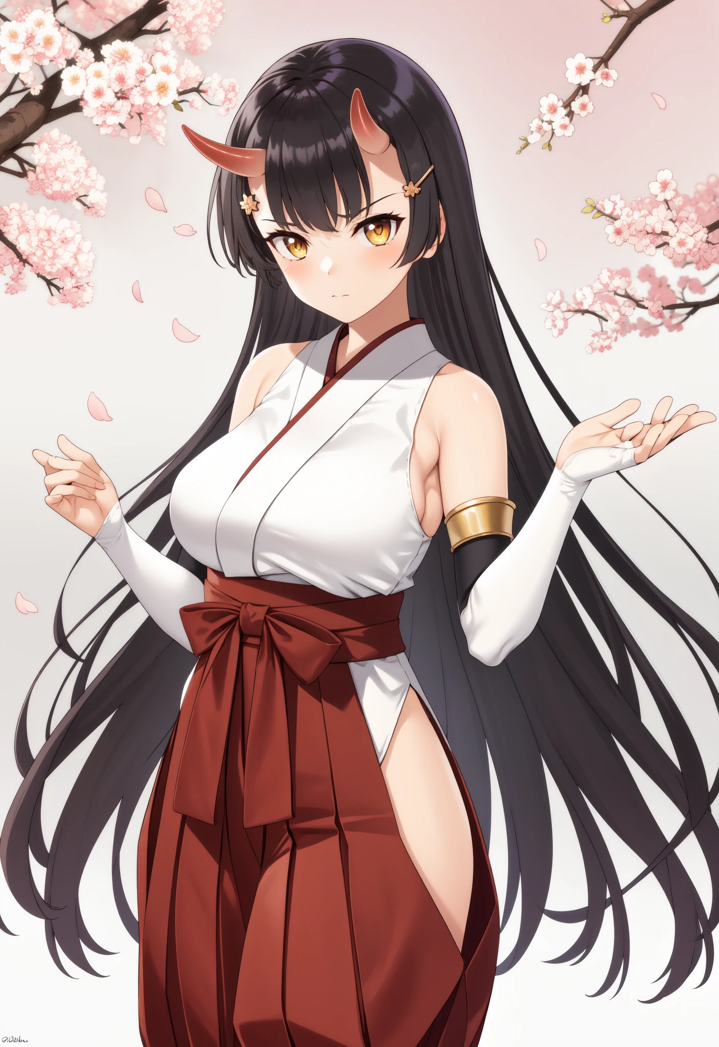 masterpiece, best quality, cowboy shot, 1girl, solo, breasts, long hair, outdoor, sakura petals, horns, japanese clothes, large breasts, hakama, black hair, red hakama, hair ornament, looking at viewer, skirt, oni, standing, yellow eyes, hakama skirt, white background, hairclip, detached sleeves, bare shoulders, closed mouth, arm guards, hip vent, sakura background, <lora:Takunomi_SD1.5_dim64:1>