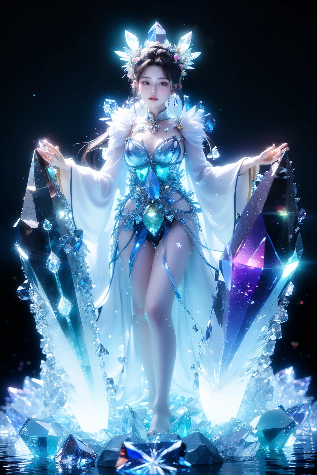 <lora:bingjing_fuyao768:0.8>,
Chinese fantasy,Eastern mythology,shrouded in a lattice like cloud layer above the screen (these thick dark clouds condense into crystals),(there is a gap in the center of the cloud layer, from which many black smoke flows out),a dazzling sky,a 30-year-old woman wearing a white long sleeved ancient costume suspended in the air (she holds a crystal stone emitting colorful light with both hands:1.5),the Tindar effect,chaos,sacred light,