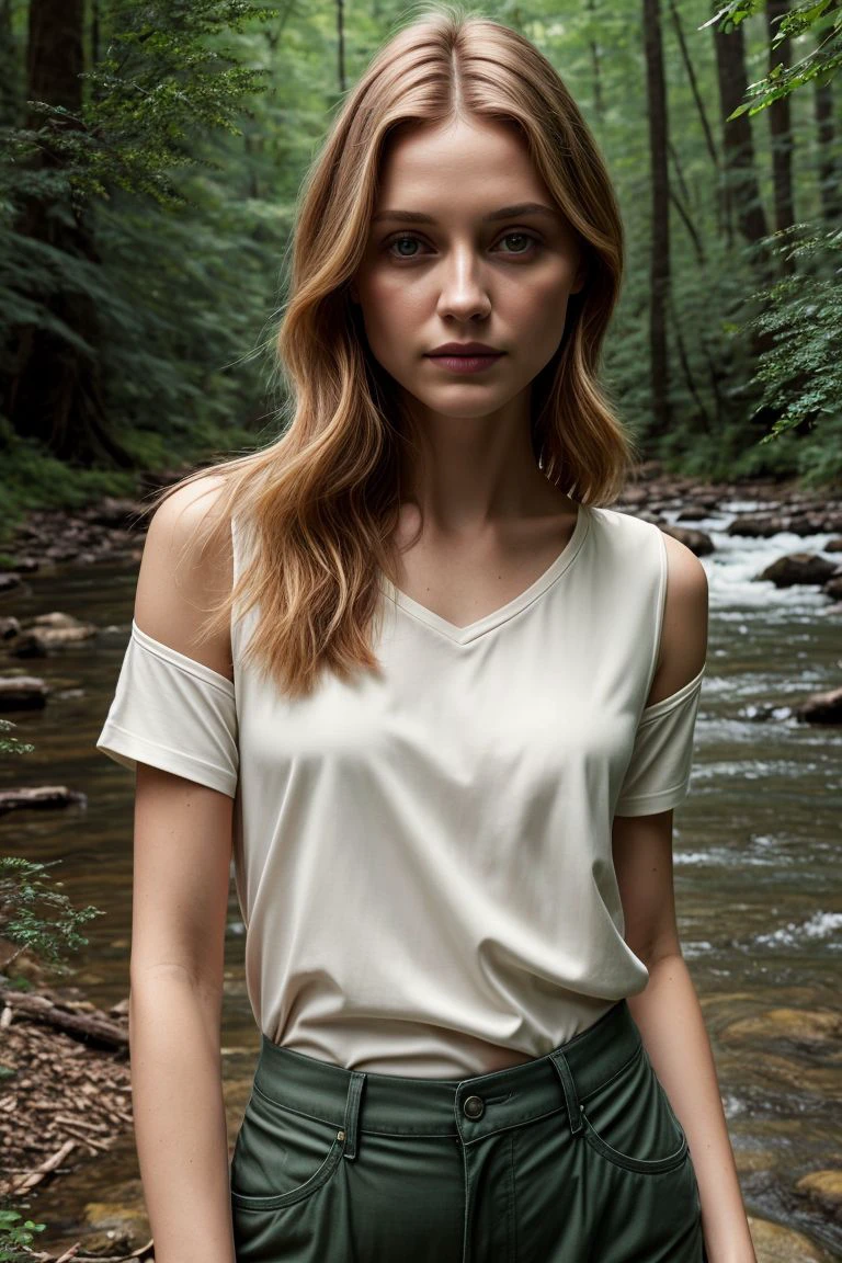 <lora:kawaii7.1.3_obj20:0.75:0.25>, European woman, closeup, (shirt), pants, (forest river), (), ZM_hanna, wide shoulders, perfect face, (contact iris: 1.1), pale skin, skin pores , depth of field