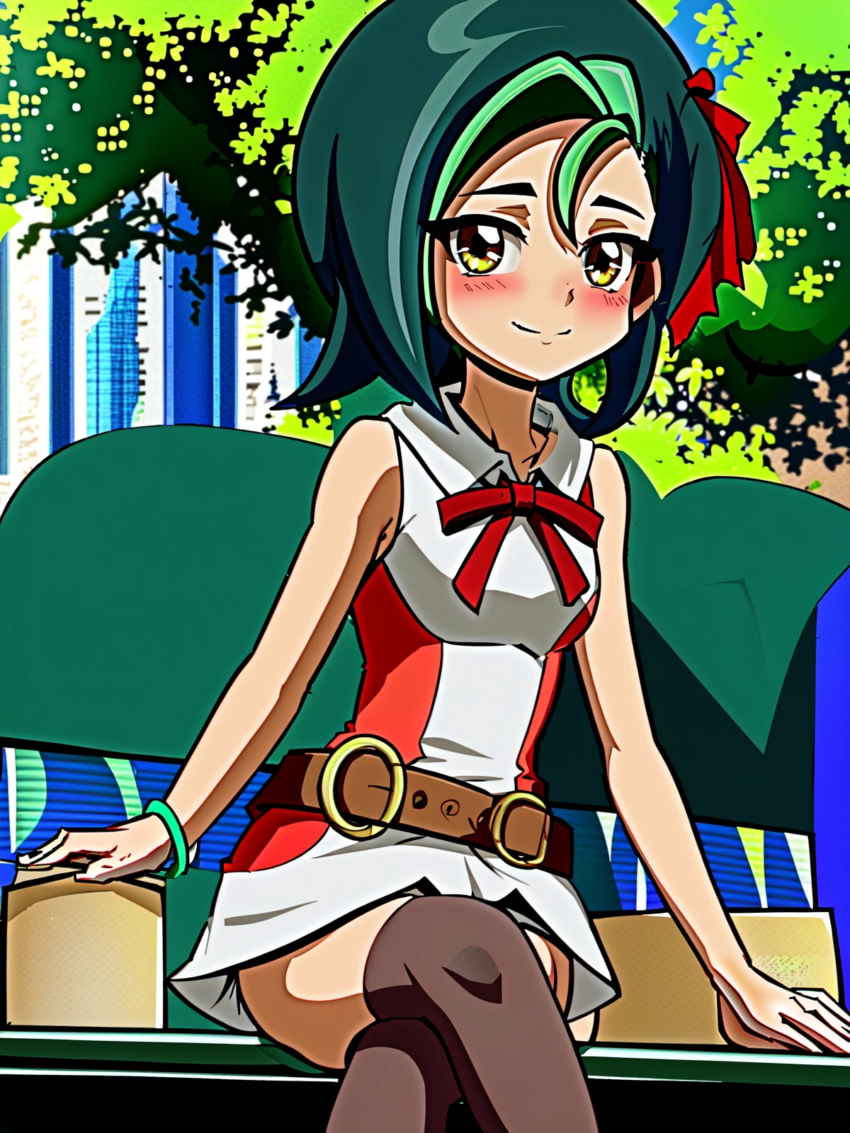 SLE, mksks style, detailed background absurdres, highres, cowboy shot, solo, 1girl, <lora:Kotori Mizuki (Yu-Gi-Oh ZEXAL):1>, casual_3, o-ring belt, brown thighhighs, skindentation, sitting, crossed legs, facing viewer, looking at viewer, smile, blush, park, bench, outdoors, sunlight