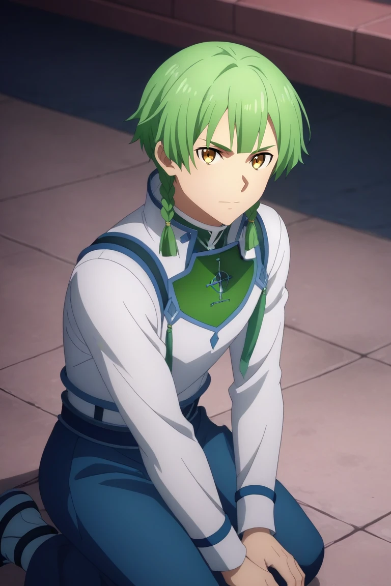 score_9, score_8_up, score_7_up, source_anime, rating_safe, intricate details, anime screencap, anime coloring, , looking at viewer, depth of field, 1boy, solo, male focus, <lora:renly_sao_pony:0.92>, renly_sao, green hair, yellow eyes, short hair, braid, bangs, twin braids, sidelocks, full body, times square, dusk, kneeling, giggling, luau costume, <lora:sdxl_lightning_8step_lora:1>