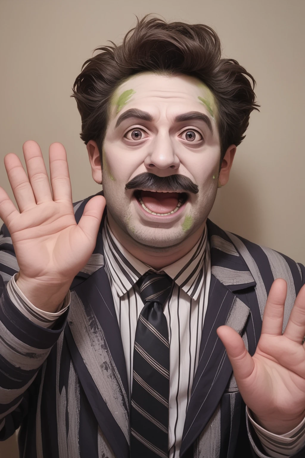 PonyXLV6_Scores, bjzzs, 1boy, male focus, solo, necktie, open mouth, facial hair, realistic, formal, shirt, suit, waving, jacket, looking at viewer, upper body, striped, hand up, collared shirt, mustache , <lora:BjuicfyPDXL:1>