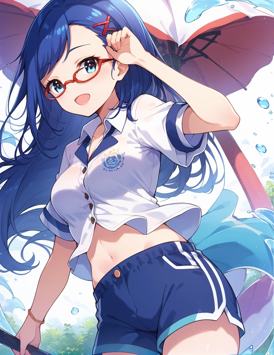 best quality, masterpiece, highres, solo, {minazuki_kantaicollection:1.15}, blue_hair, blue_eyes, asymmetrical_hair, short_hair_with_long_locks, open_mouth, smile, serafuku, blush, crescent, fang, necktie, blue_necktie, crescent_pin, 1girl, ahoge, blouse, blue_shirt, blue_shorts, frilled_shorts, frills, kneehighs, looking_at_viewer, school_uniform, shirt, shorts, socks, full_body, long_sleeves, navel, simple_background, white_background