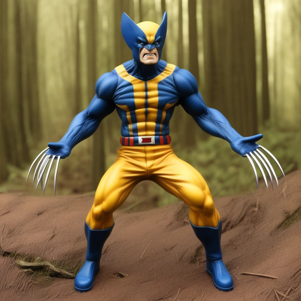 Xbustx , 1figure of Wolverine by X-Men, In Forest , Diminute, toy, ultrarealist, high definition, 35mm, detailed face, detailed background, 8k,