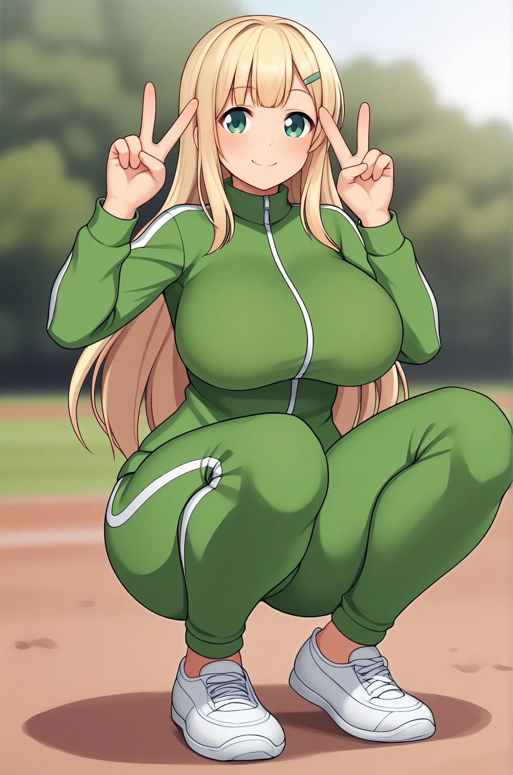 anime artwork, score_9, score_8_up, score_7_up, score_6_up, score_5_up, score_4_up, source_anime, BREAK, thick outline, fat outline,
Yomi_XL, green eyes, blonde hair, long hair, green hairclip, large breasts, BREAK, Yomi_Casual, green track suit, green track jacket, green track pants, Yomi track shoes, BREAK, outdoors, v sign, smiling,
<lora:Yomi_XL:0.7>
<lora:PersonalAmi_PonyXL:1.0>