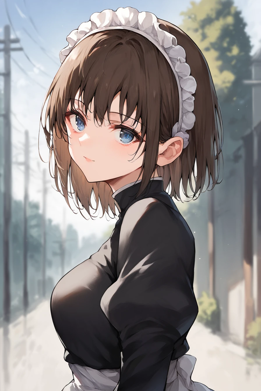 score_9, score_8_up, score_7_up, source_anime, portrait, looking at viewer, outdoors,
<lora:rurikawa_tsubaki_v3-soralz:0.9>, rurikawa_tsubaki, 1girl, solo, blue eyes, brown hair, short hair, black shirt, maid headdress