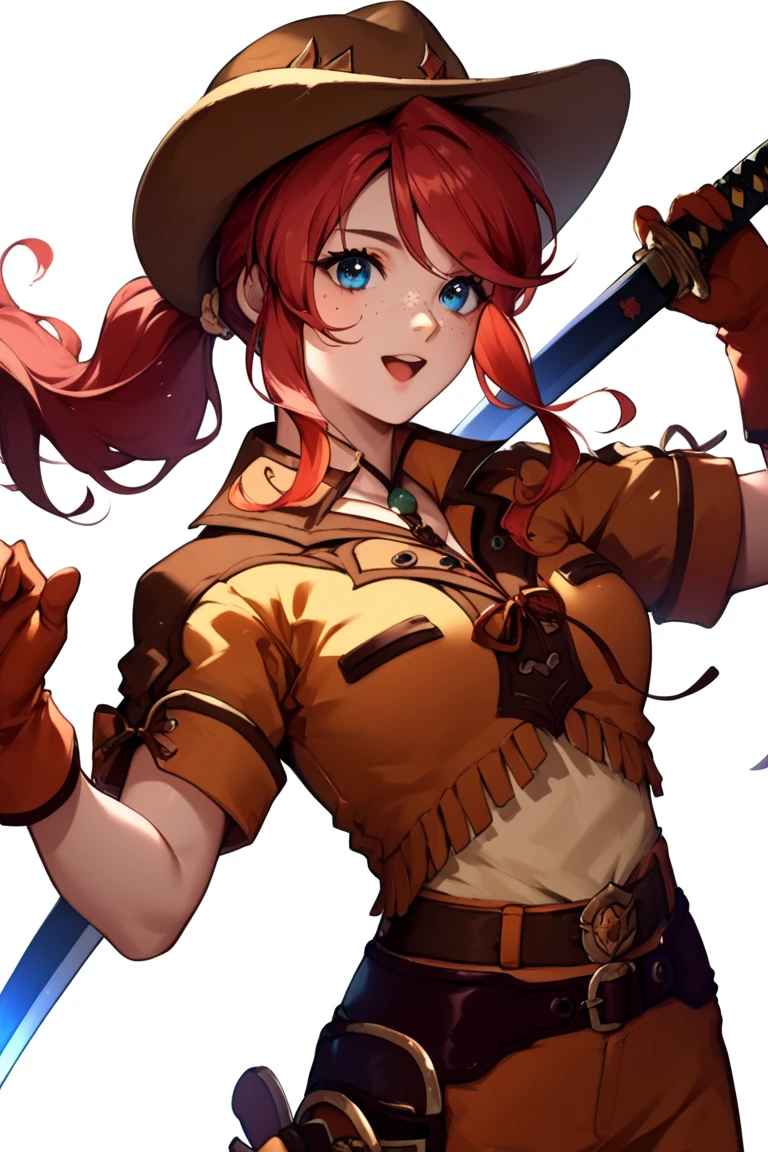 score_9, score_8_up, score_7_up, very aesthetic, source_anime, detailed, high quality, beautiful, masterpiece, detailed eyes,
simple background, blurry background,
<lora:lightXL:0.8>
cowboy shot, upper body, (open mouth: 0.6),
<lora:Dynamic_Sword_Poses_-Pony:1>two-handed_grip, katana,
<lora:gemini_autismConfetti_v01:0.9>gemini sunrise, red hair, ponytail, blue eyes, freckles, sidelocks,
belt, thigh strap, cowboy hat, cowboy boots, fringe trim, gloves, miniskirt, short sleeves,, zPDXL