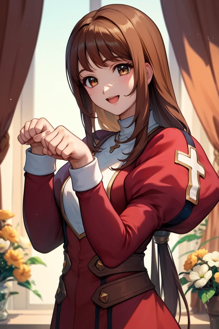 score_9, score_8_up, score_7_up, very aesthetic, source_anime, detailed, high quality, beautiful, masterpiece, detailed eyes,
blurry background, simple background,
<lora:lightXL:0.8>
cowboy shot, smile, open mouth,
looking at viewer, upper body, paw pose,
<lora:ericaF_autismConfetti_v03:0.95>
erica fontaine, 1girl, brown hair, brown eyes, long hair, (bangs), low tied hair, bangs, sidelocks, red dress, puffy sleeves, long sleeves, brown boots, long dress,, zPDXL
