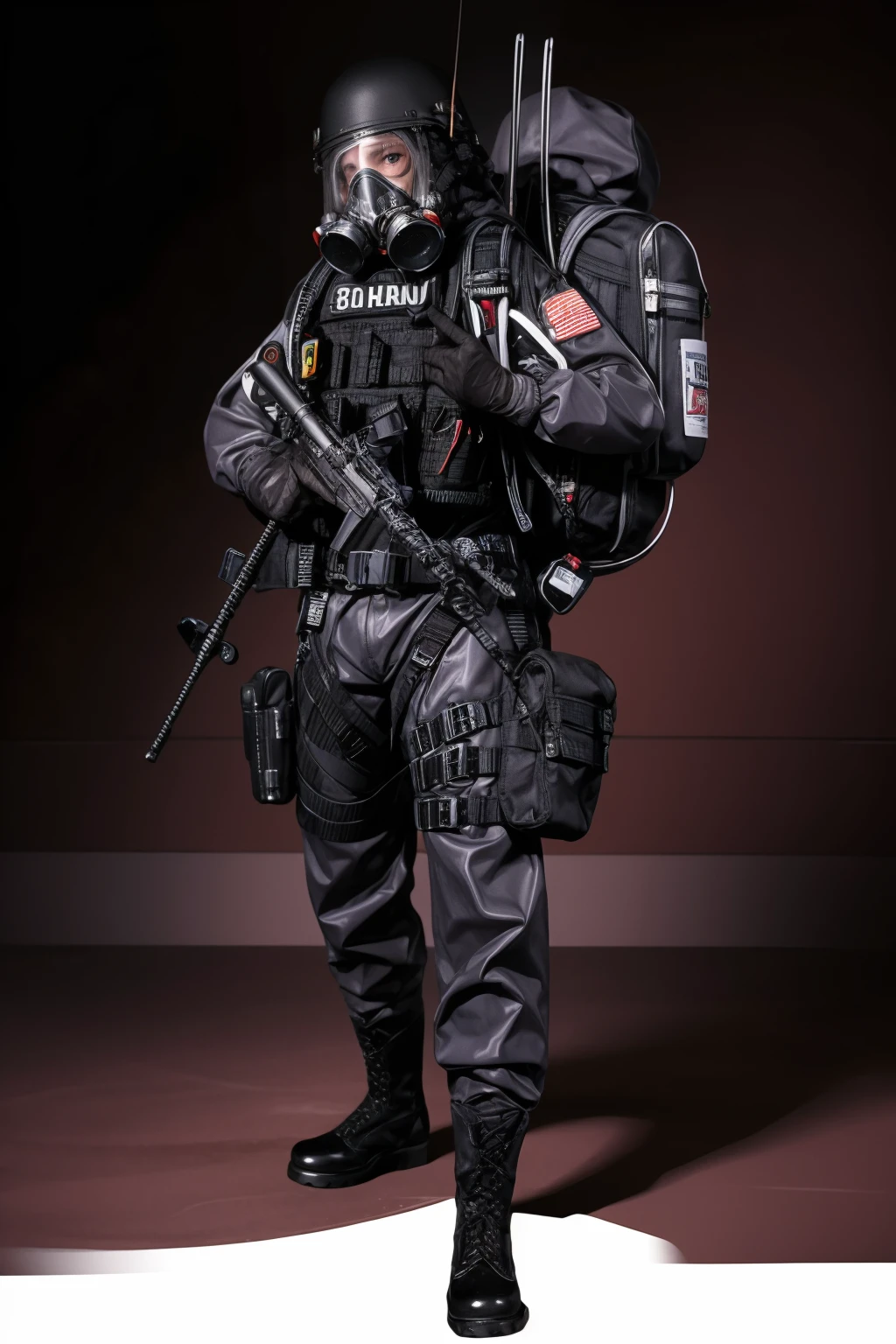 solo,1Girl,full body,red background,standing split,,ruanyi0524,backpack,belt,boots,bulletproof vest,gas mask,helmet,gloves,tactical clothes,emblem,<lora:0524 navy tactical uniform_v1:1>, best quality,masterpiece,highres,official art,extremely detailed cg unity 8k wallpaper
