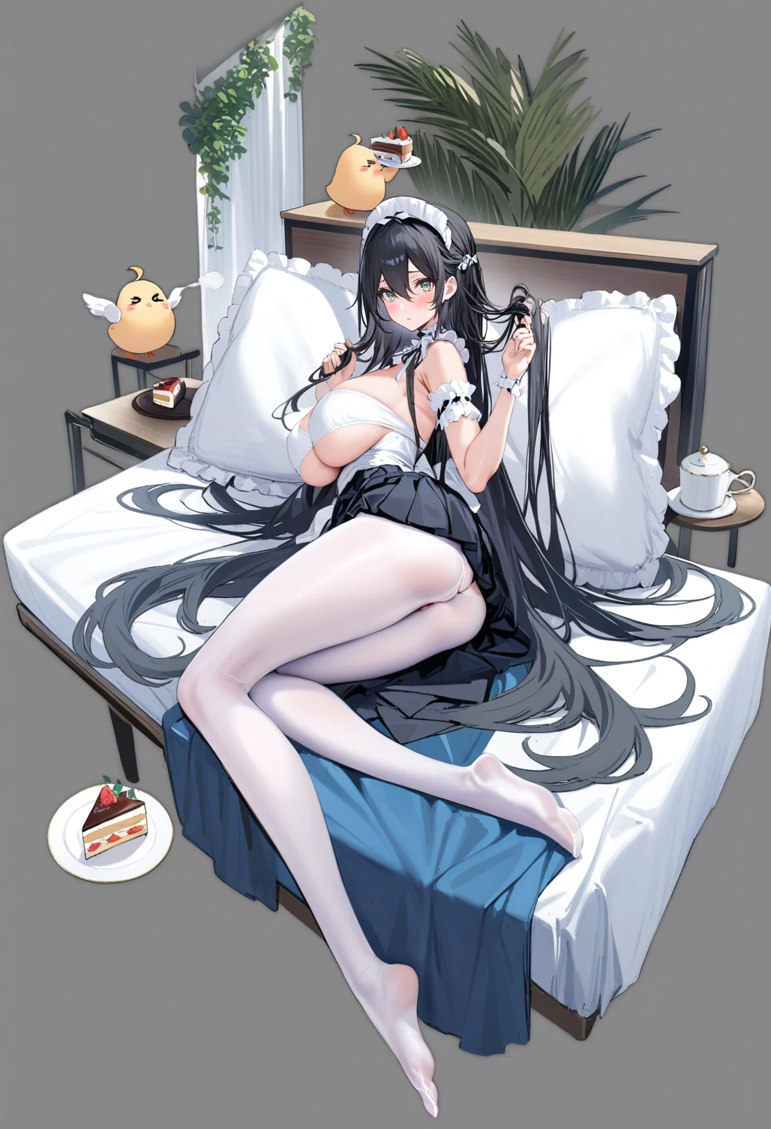 grey background, masterpiece, best quality, <lora:GachaAzurLaneXL_ANI31_lokr_V4236:0.95> 1girl, official alternate costume, manjuu \(azur lane\), breasts, long hair, pantyhose, maid headdress, black hair, white pantyhose, very long hair, absurdly long hair, looking at viewer, ass, food, large breasts, black skirt, skirt, solo, maid, pillow, shoes, frills, black footwear, on side, full body, high heels, unworn shoes, holding, cake, lying, no shoes, teacup, cake slice, plate, cup, frilled choker, feet, holding another's hair, thighs, indoors, hair between eyes, green eyes, plant, underwear, underboob, miniskirt, panties, frilled pillow, table, arm garter, brushing another's hair, blush, brushing hair, potted plant