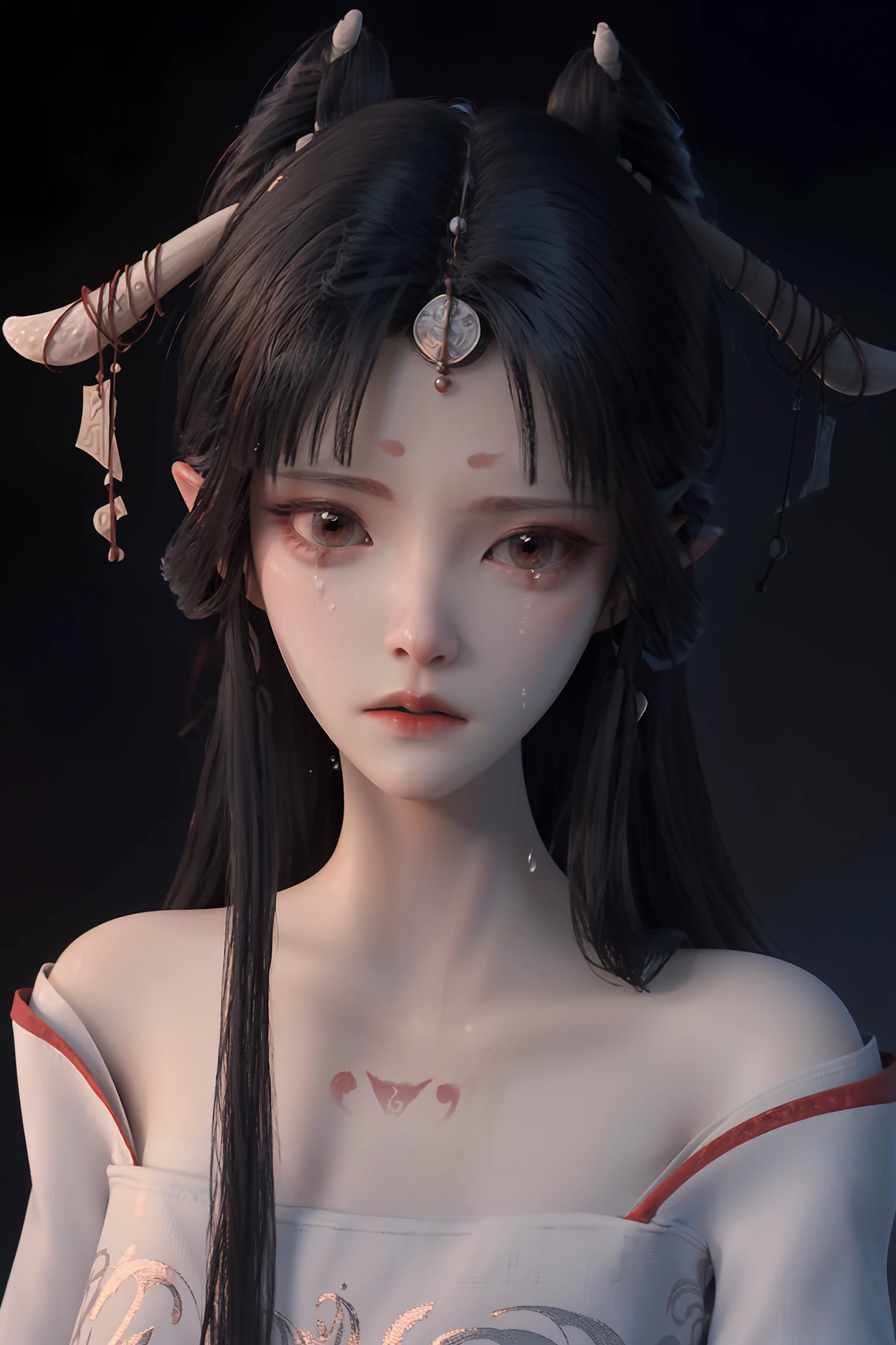 <lora:sanweihu:1>,sanweihu,1girl,solo,black hair,simple background,long hair,(portrait:1.3),hair ornament,looking at viewer,pointy ears,horns,closed mouth,forehead mark,red eyes,lips,bangs,collarbone,brown eyes,bare shoulders,facial mark,hair stick,(black background:1.6),disappointed,despair,frustrated_brow,streaming_tears,teardrop,tearing_up,tears,badmood,sad,grey background,