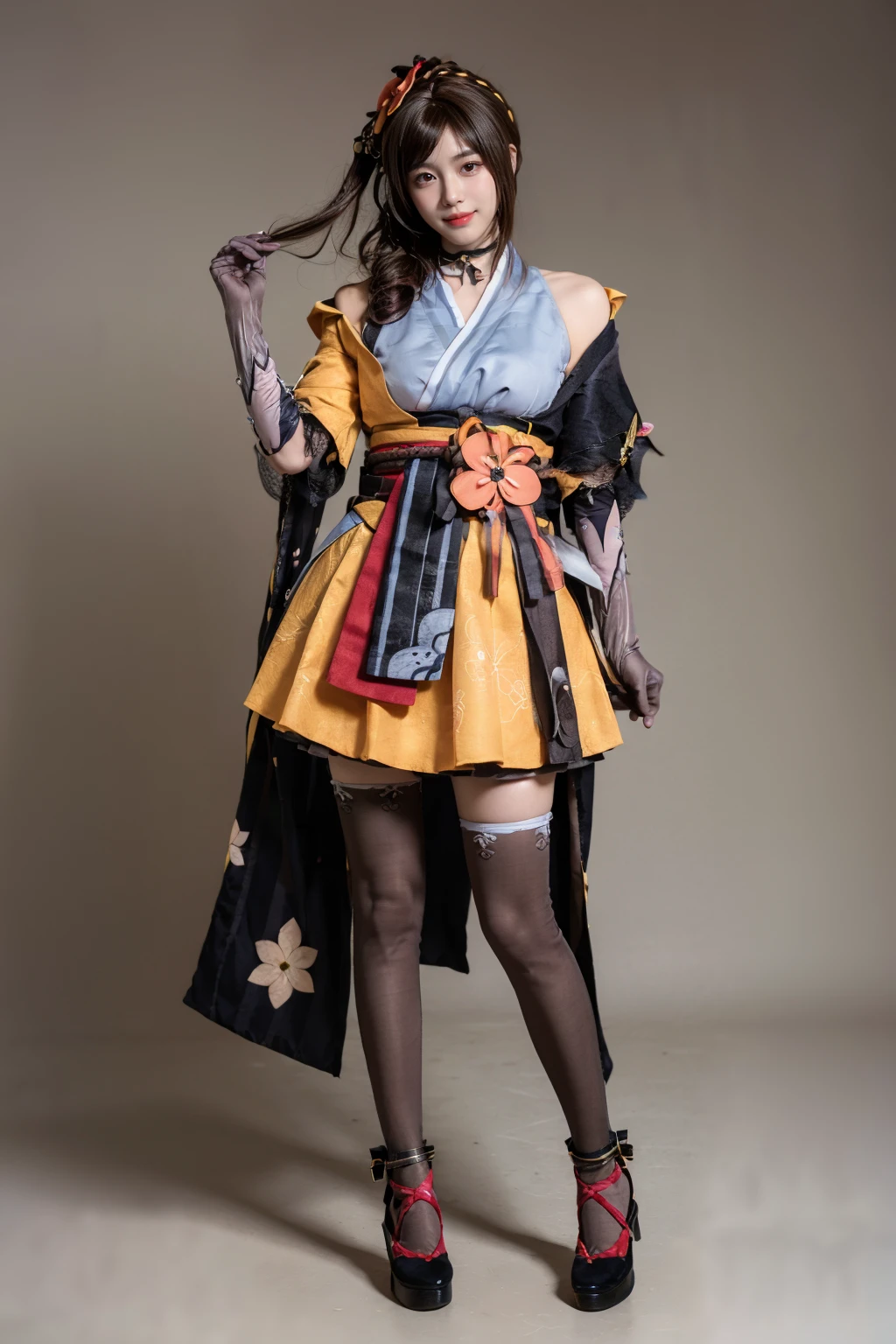 best quality, masterpiece, realistic, photorealistic, 1girl, solo, looking at viewer, smile, standing, full body, chiori cosplay costume, chiori, genshin impact, cosplay, brown hair, long hair, japanese clothes, kimono, hair ornament, hair flower, hair stick, choker, elbow gloves, gloves, flower, thighhighs, pantyhose, sash, obi, okobo, grey background, <lora:Genshin_Chiori_cosplay_v1:0.7>