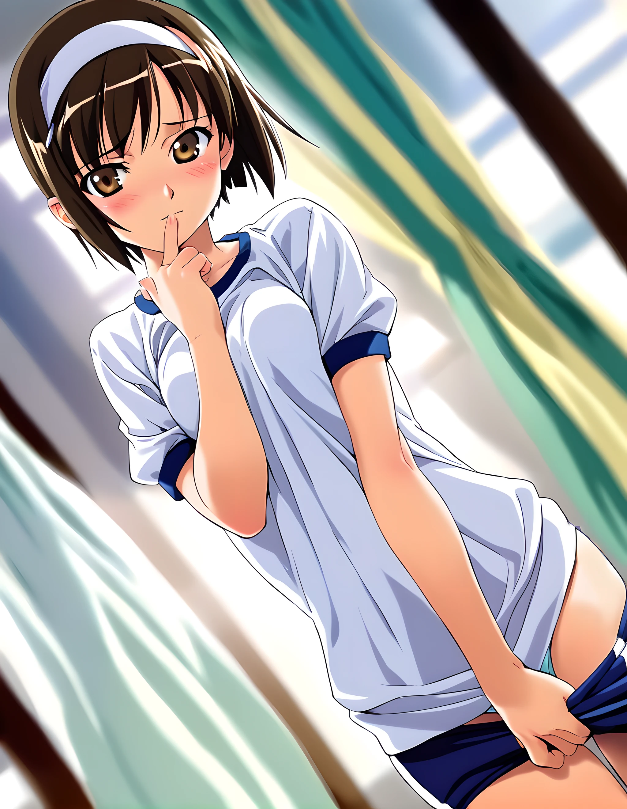 <lora:pony_xl_rika:0.8>,rika,score_9,score_8_up,score_7_up,source_anime,1girl,solo,brown hair,brown eyes,solo,looking at viewer,white hairband,hairband,hair ribbon,bow,gym uniform,short sleeves,white shirt,buruma,blue buruma,blush,cowboy shot,standing,embarrassed,closed mouth,head tilt,hand to own mouth,hand up,shirt tug,covering,covering crotch,indoors,curtains,blurry,shiny,dutch angle,depth of field,backlighting,
