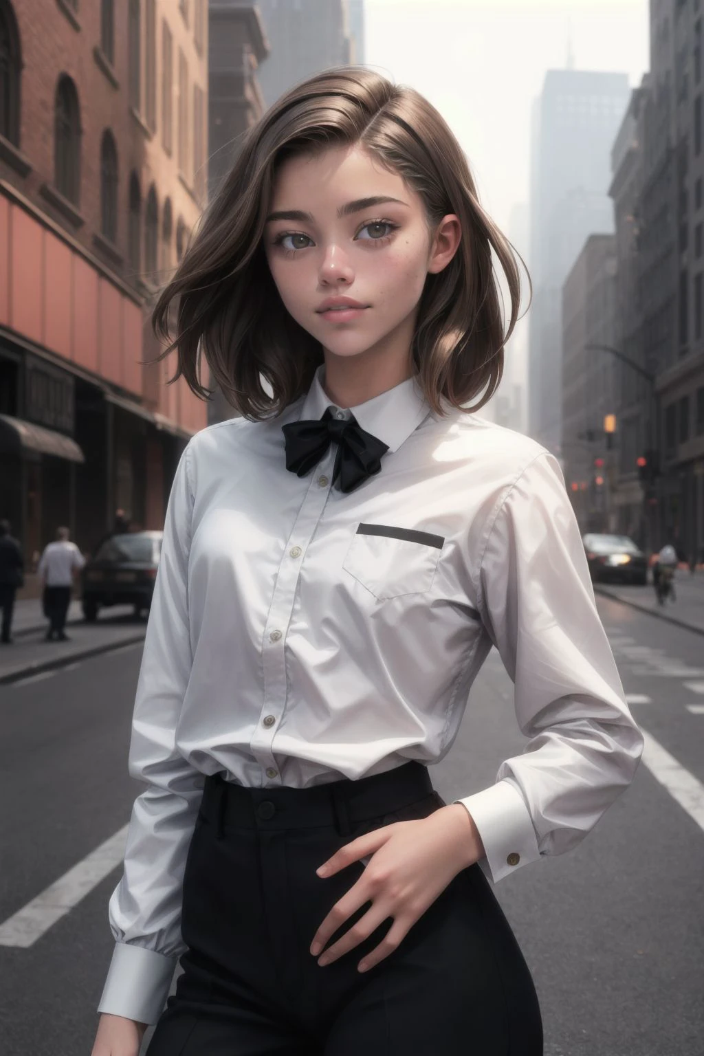 EmiliaT, PA7_Photo, Street photography, Gorgeous, early twenty, woman, Medium hair, Straight hair, Light Brown hair, Hazel eyes, Cupid's Bow lips, Mauve lips, Calm, Medium breasts, Smart Casual dress, Wide leg pants, Top light, Caustics, Morning, Foggy, Skyscraper background, Panasonic Lumix S1, 50mm prime lens, Full shot, BREAK PA7_Portrait-MCU, Slanted angle, Kodak vision3 IMAX, ((Infraed filter)), (((PA7_Human-Likeness)))
<lora:add_detail:0.5>