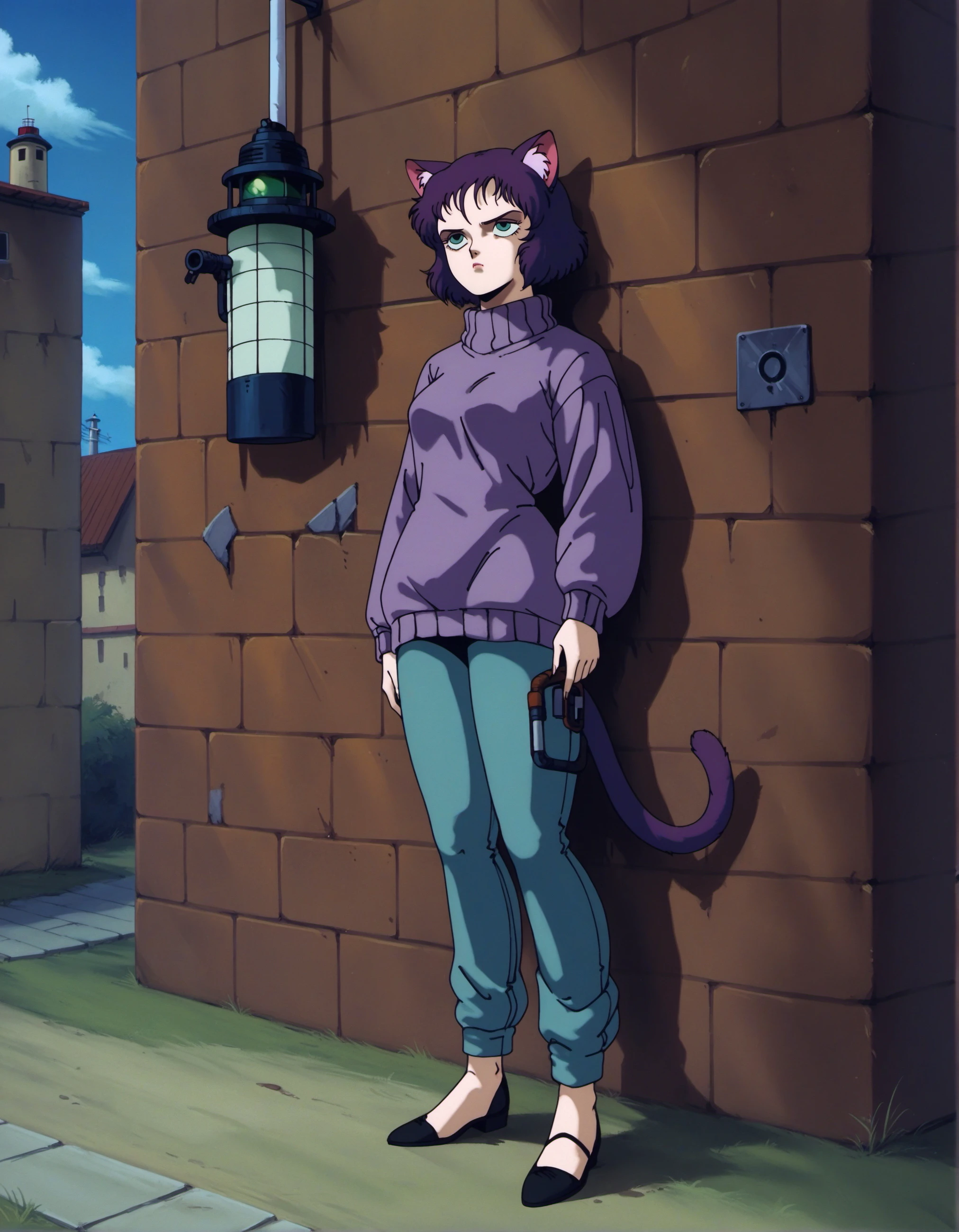 VHD85, score_9, score_8_up, score_7_up, score_6_up, source_anime, 1girl, catgirl, green eyes, troll face, purple hair, sweater, pants, brick wall, outdoors, fading lighthouse, chipped paint, broken beacon, lost guidance