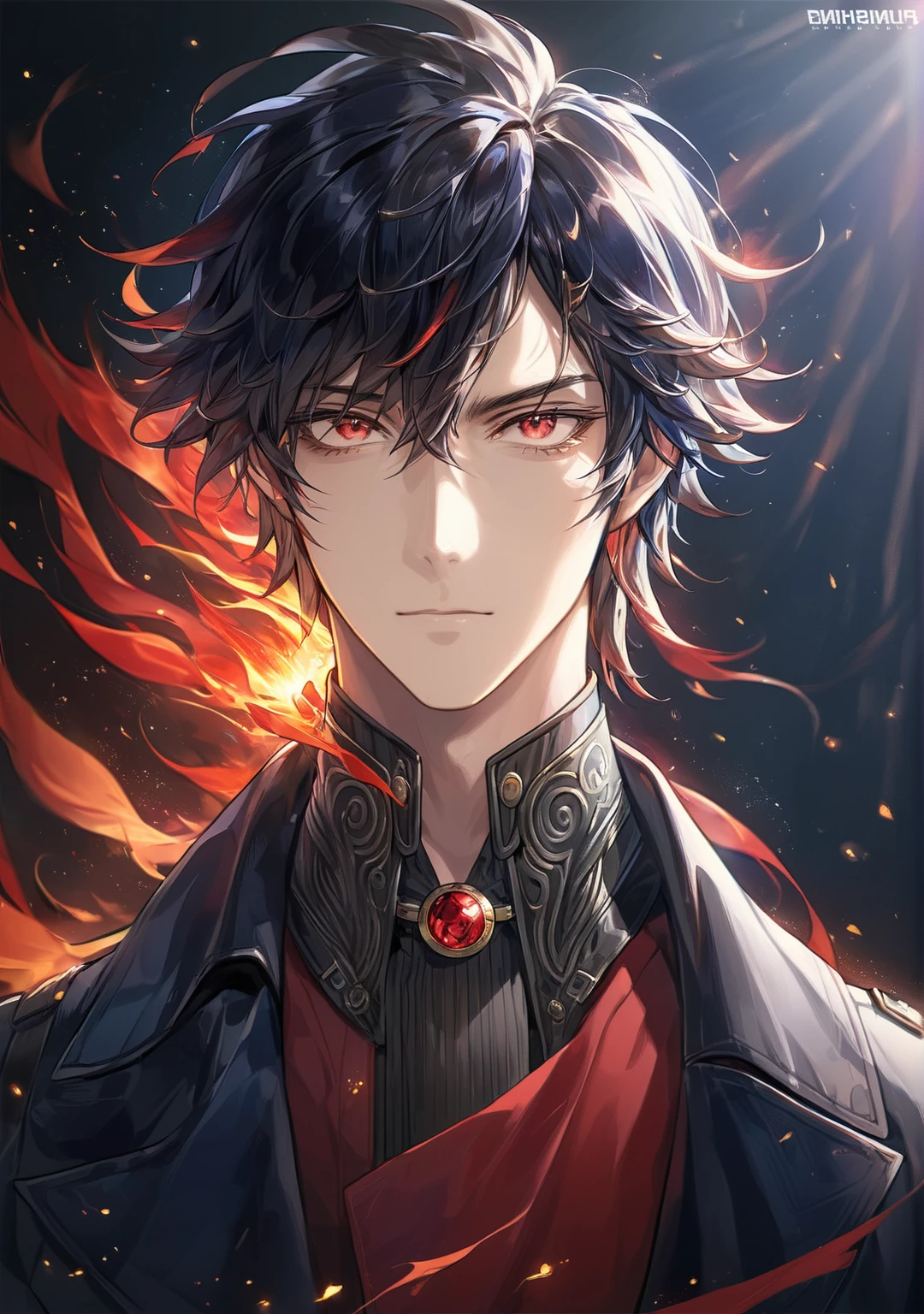 a powerful and charismatic portrait of a confident and stylish man in a black coat and red shirt, with a bold and enigmatic expression, standing against the wind, showcasing his shiny black hair and exuding a boss-like aura, creating a striking and detailed solo focus portrait with a strong and captivating presence,energy,blue_fire,black background<lora:EMS-335737-EMS:1.000000>, <lora:EMS-365046-EMS:0.800000>