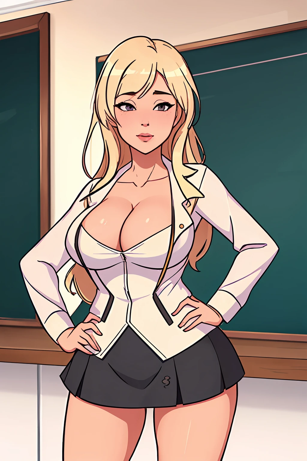 emmi, woman,  solo, long hair, breasts, bangs, skirt, blonde hair, large breasts, shirt, long sleeves, holding, cleavage, collarbone, jacket, miniskirt, english text, hand on hip, pencil skirt, chalkboard, teacher, pointer, sperm cell
 <lora:countrylives-v1:0.8>