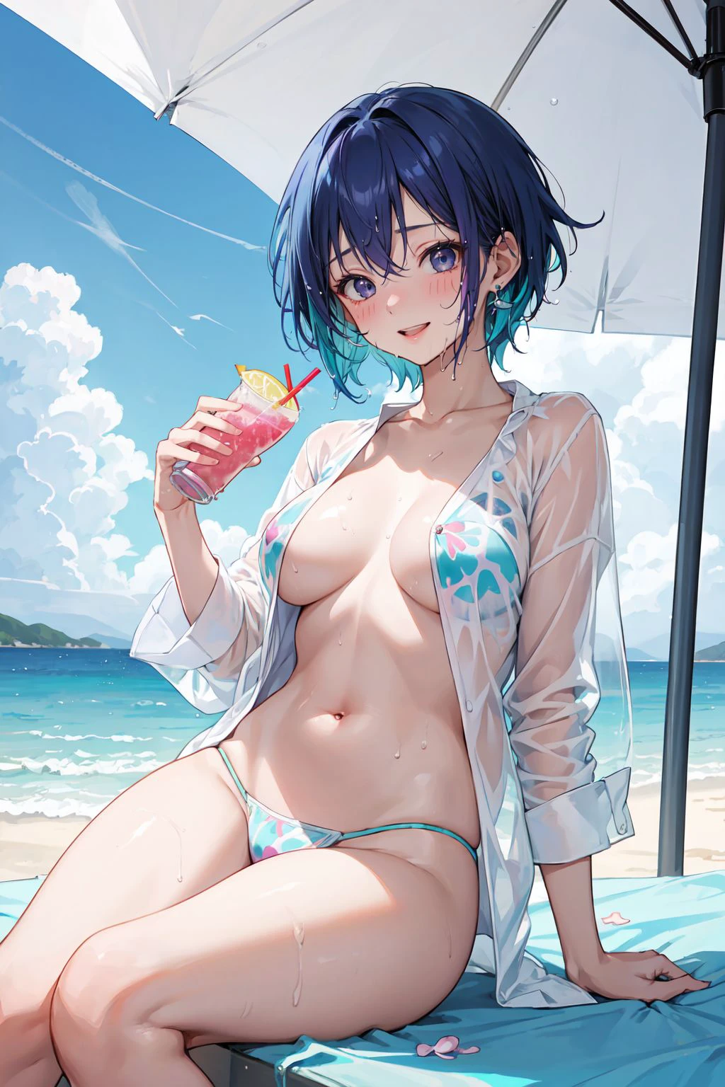 masterpiece, best quality, 
toru asakura, blue hair, earrings, gradient hair, multicolored hair, parted bangs, purple hair, short hair, ,  fit body, 
(Turquoise)  (bottom only),(erect ), (wet t-shirt), holding a fruity drink, sitting under umbrella, (wet shirt, white shirt, ), wet, 
Blushing, laughing, 
Beach, seaside, bright and sunny,