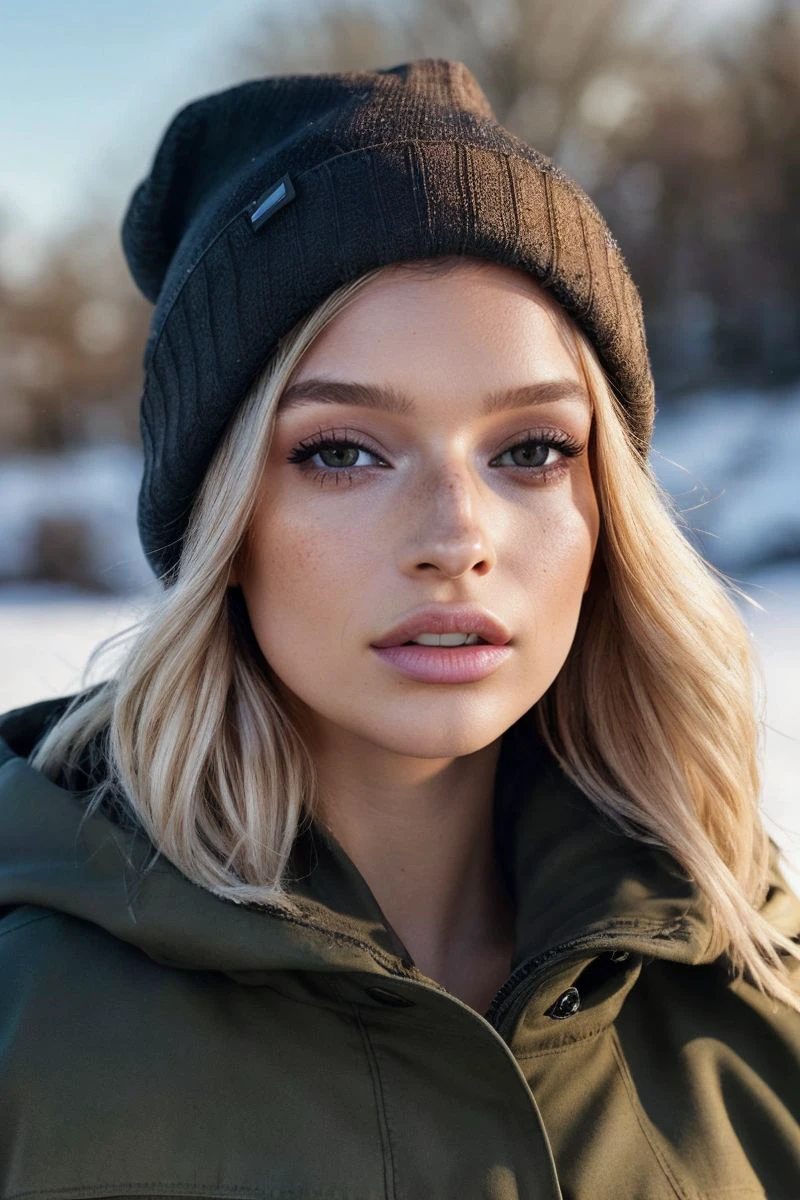 headshot of S402_NailaVanKommer,a gorgeous woman,on a (winter-field:1.1),wearing a (parkas:1.1),(beanie),(4k, RAW photo, best quality, 50mm, depth of field, ultra high res:1.1),(intricate, photorealistic, cinematic-shot, masterpiece, ultra-detailed:1.1),