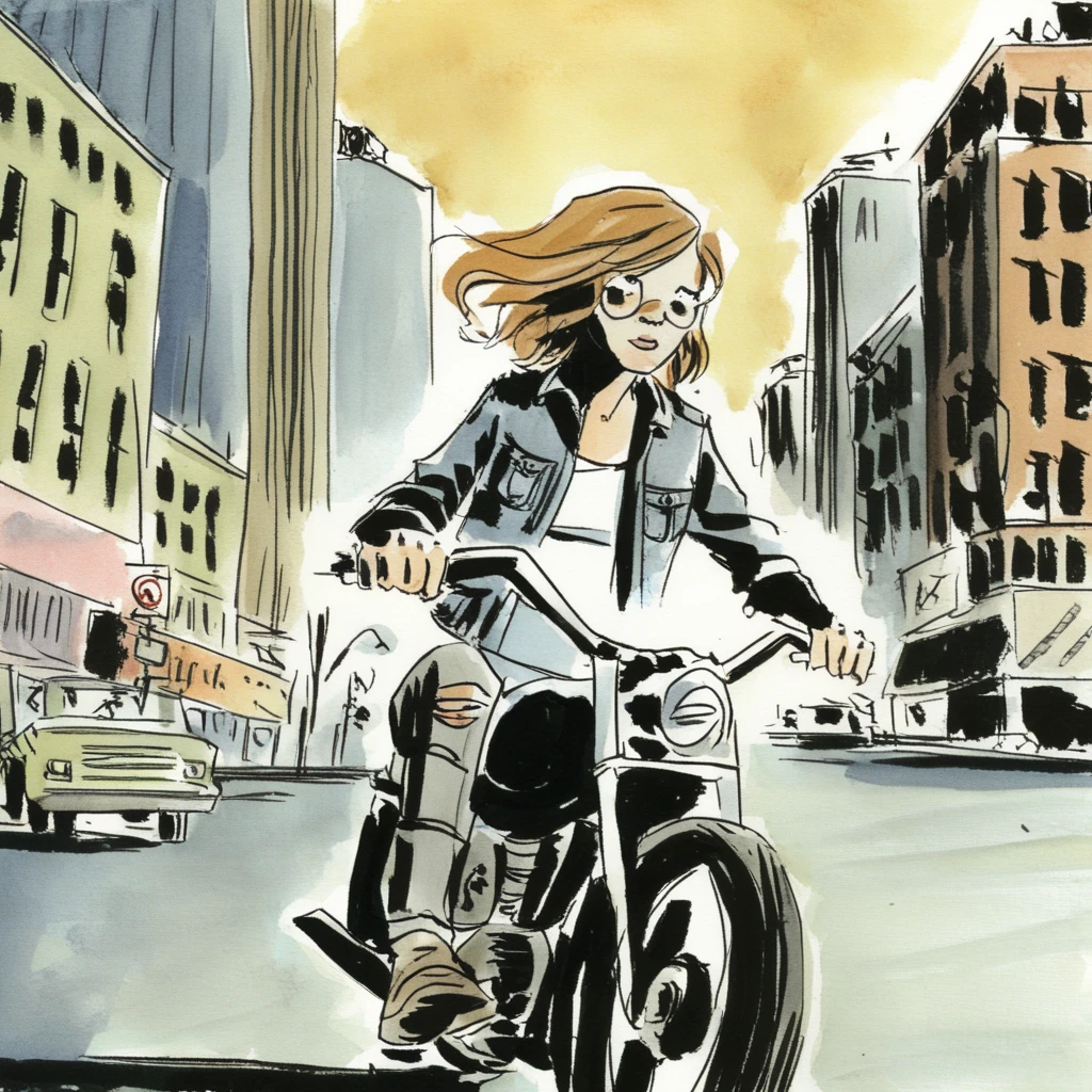drawix12girl on a motorbike in the big city <lora:drawix12:0.7>