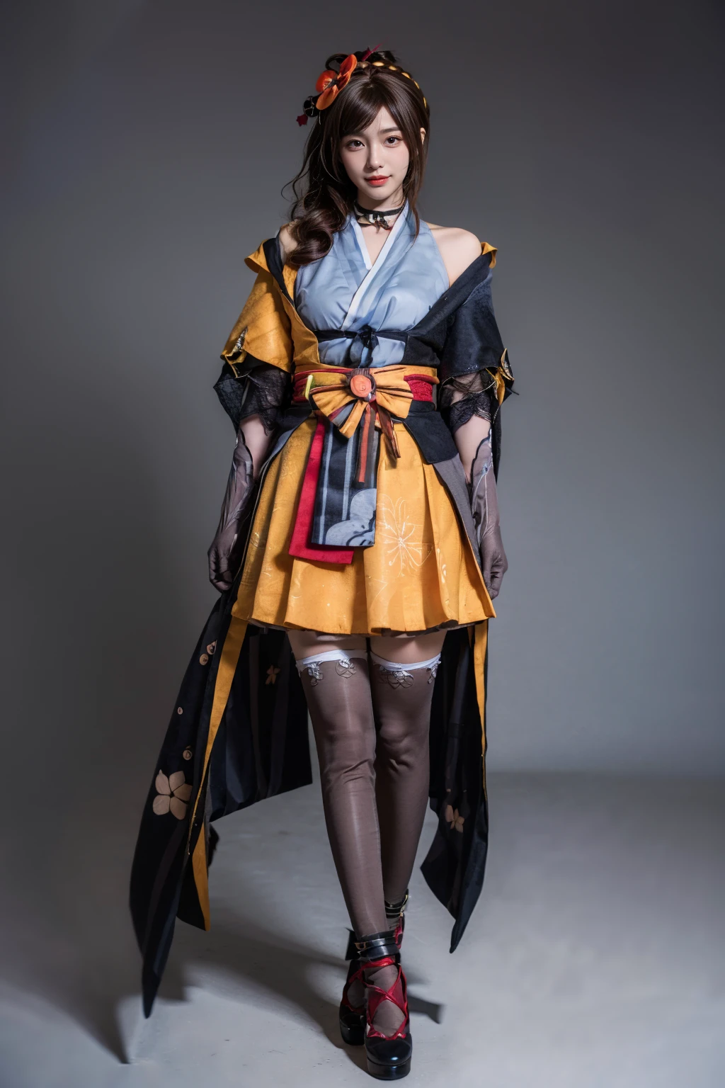 best quality, masterpiece, realistic, photorealistic, 1girl, solo, looking at viewer, smile, standing, full body, arms at side, chiori cosplay costume, chiori, genshin impact, cosplay, brown hair, long hair, japanese clothes, kimono, hair ornament, hair flower, hair stick, choker, elbow gloves, gloves, flower, thighhighs, pantyhose, sash, obi, okobo, grey background, <lora:Genshin_Chiori_cosplay_v1:0.7>