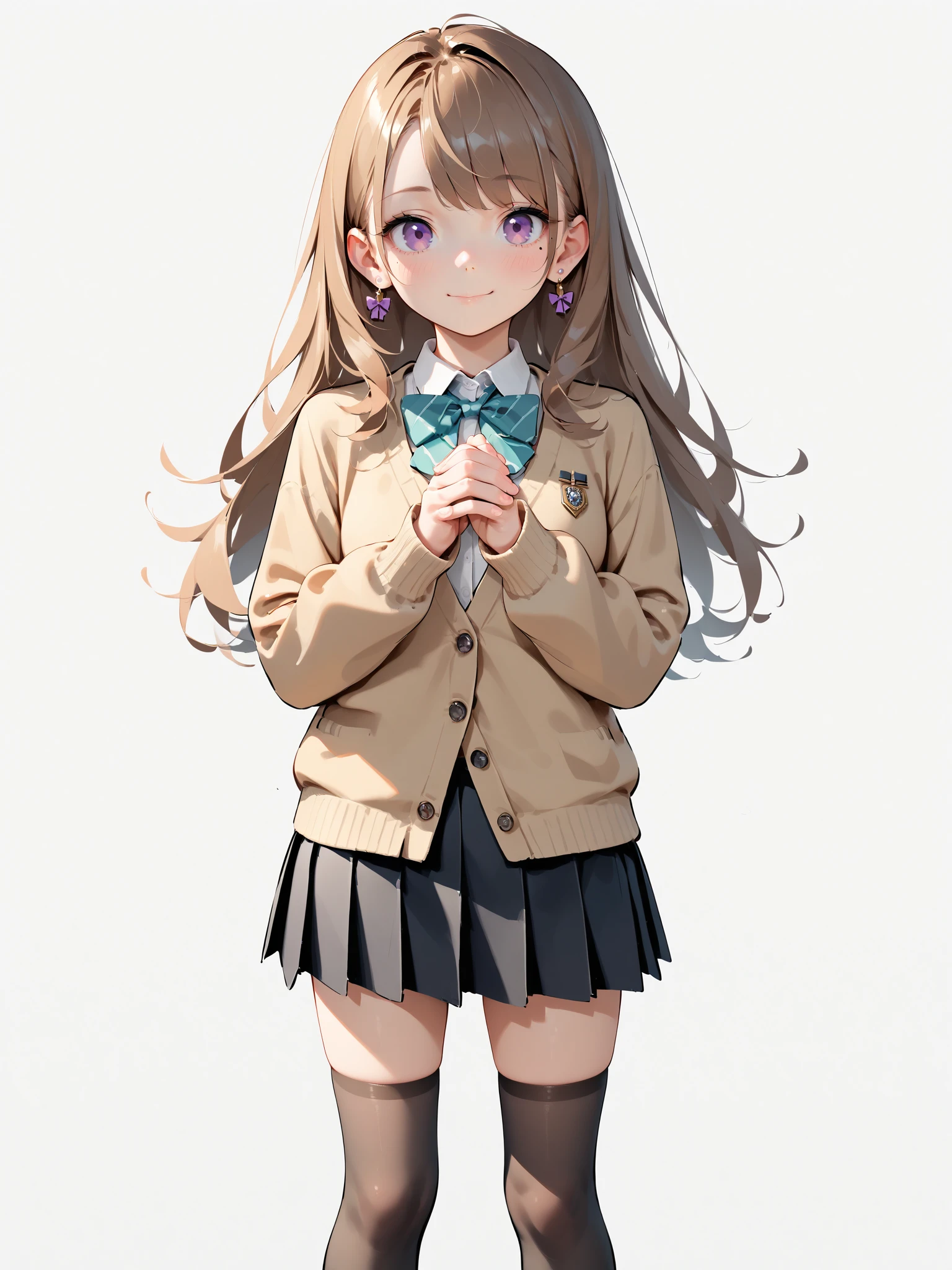<lora:XL_myzy style(pony)-000003:0.8>,score_9,score_8_up,score_7_up,best quality,masterpiece,source_anime,myzy style,1girl,solo,long hair,skirt,mole,white background,mole under eye,pleated skirt,simple background,looking at viewer,blush,school uniform,cardigan,own hands together,bow,kneehighs,smile,purple eyes,earrings,shirt,brown hair,jewelry,eyebrows visible through hair,black legwear,long sleeves,bangs,standing,collared shirt,black skirt,closed mouth,white shirt,miniskirt,bowtie,stud earrings,sidelocks,