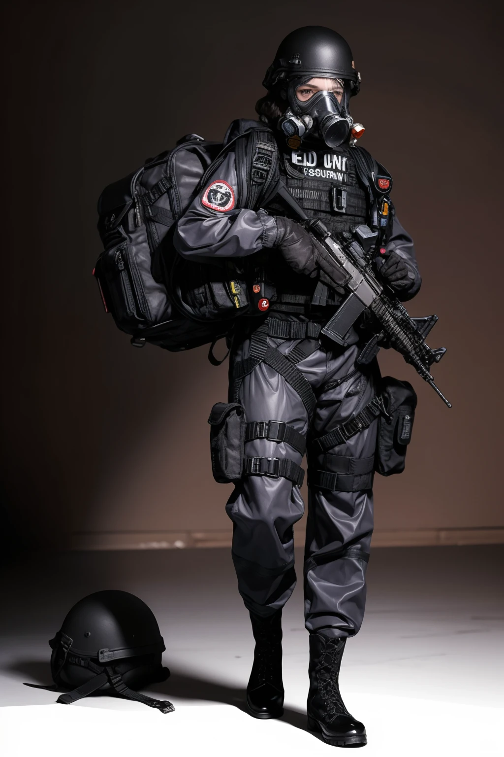 solo,1Girl,full body,red background,standing split,,ruanyi0524,backpack,belt,boots,bulletproof vest,gas mask,helmet,gloves,tactical clothes,<lora:0524 navy tactical uniform_v1:0.9>, best quality,masterpiece,highres,official art,extremely detailed cg unity 8k wallpaper