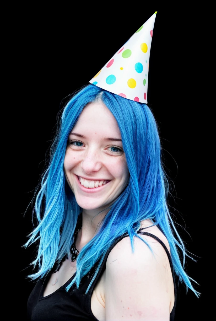 1woman,solo,blue hair,smile,birthday party,party hat,<lora:detailedfacesconceptSDXL_v2-000010>,black background,