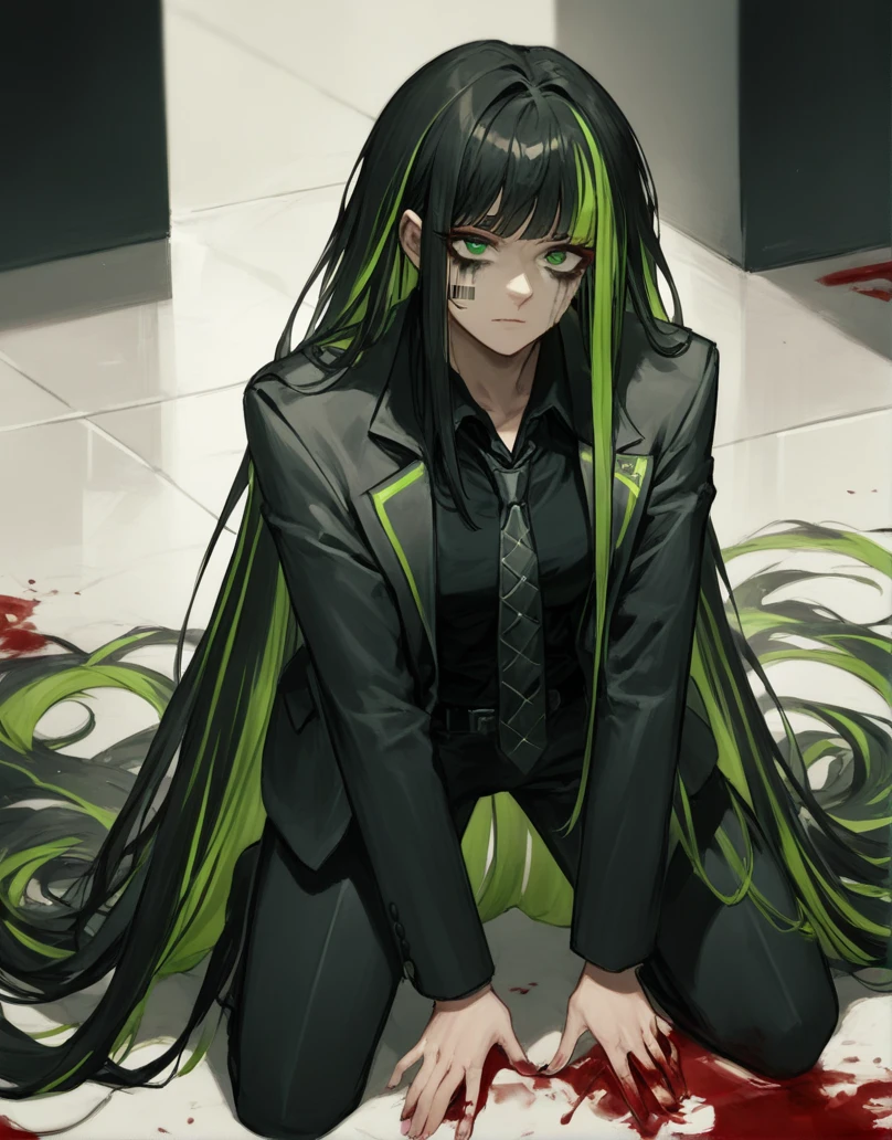 (score_9, score_8_up:1.1), score_7_up, <lora:Alfonso_Limbus_Model:1>, AlfonsoLimbus, barcode face tattoo, very long hair, multicolored hair, two-tone hair, streaked hair, colored inner hair, green hair, black hair, 1girl, solo, long hair, bangs, shirt, green eyes, jacket, full body, necktie, collared shirt, coat, black jacket, black shirt, black pants, formal, suit, kneeling on floor, heavy gree tears, looking at floor, hands covered in blood, sad face, ruined mascara