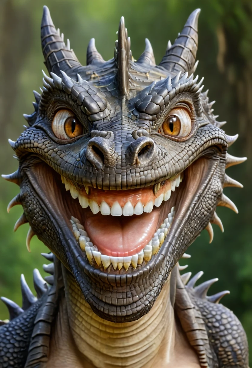 Close up portrait beautiful Dragon, White teeth, big smile,  <lora:big_smile_sdxl_v1:1.25>