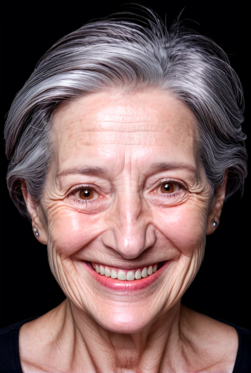 1woman,solo,old,gray hair,brown eyes,wrinkles,smile,<lora:detailedfacesconceptSDXL_v2-000010>,black background,