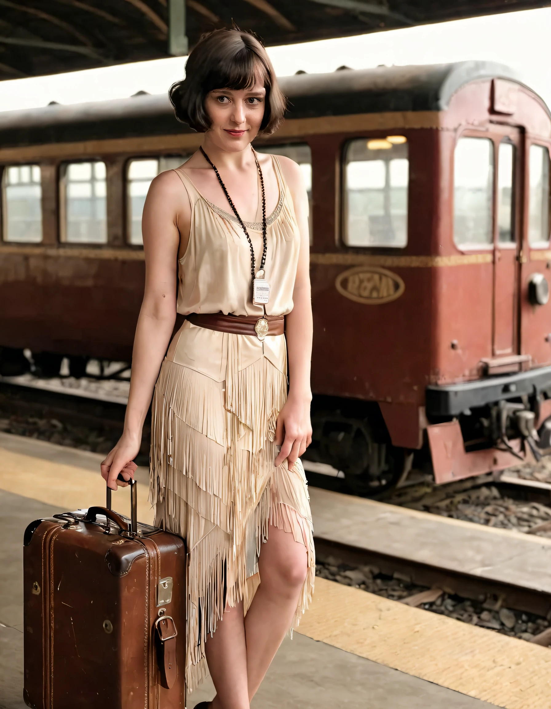 Amidst a vintage-laden train station with the alluring scent of history, Julia, clad in an evocative 1920s flapper dress boasting both a dropped waist and delicate fringe, her bobbed hair styled in an artful asymmetrical manner, sat poignantly on the edge of a worn leather trunk, one hand clutching a faded luggage tag and the other trailing behind in the gentle folds of her skirt as she gazed wistfully off-camera, embodying the very essence of longing. <lora:txsooz18f49473caeo19a:1>