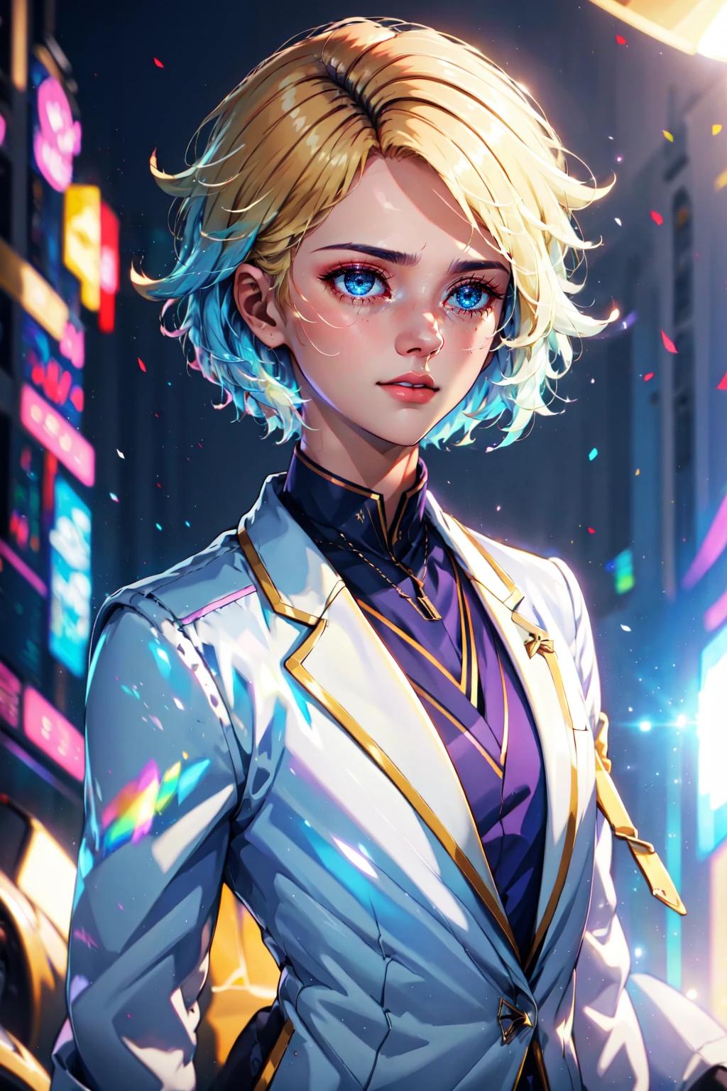 white shirt, jacket, 1girl, female focus, prismaticdskstyle, short hair , zoom out, depth of field, cinematic lighting, masterpiece, best quality, <lora:Prismatic:0.8>