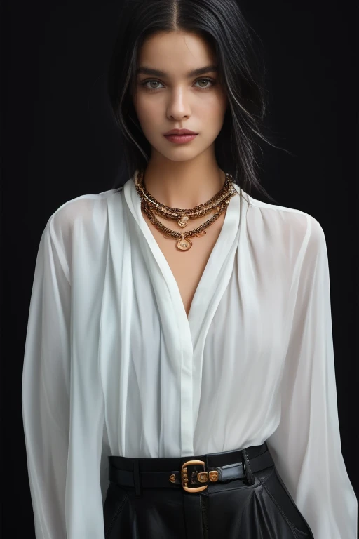 masterpiece,best quality,ultra_detailed,<lora:ArmaniSD:0.7><lora:BellissimaSD1.0:0.7> bellissima , dark background, 1girl wearing a white collared shirt, collared shirt, black pants, bla, chain necklace,  Armani style, realistic, fashion, cowboy shot,by Ellen von Unwerth