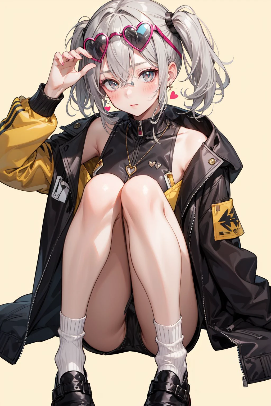 1girl, heart, eyewear on head, dog, solo,grey hair, socks, jewelry, yellow background, simple background, blush, long sleeves, knees up, looking at viewer, jacket
