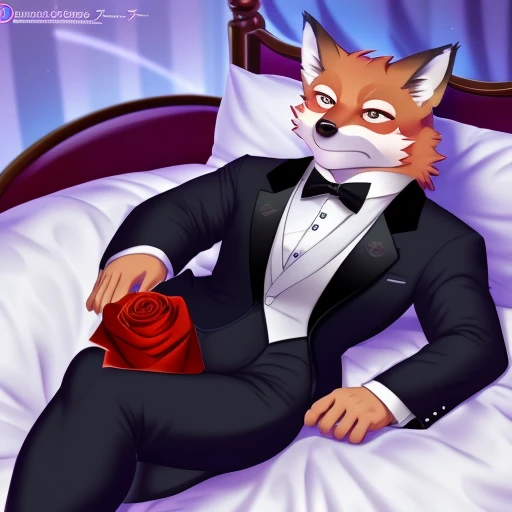 solo, anthropomorphic, male, fox, sweaty, holding a rose, wearing a tux, lying in bed, winking