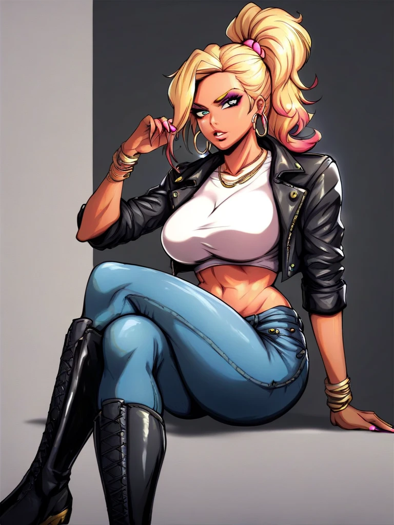 anime, front view of a blonde haired woman, large breasts, thick thighs, narrow waist and wide hips. Hair tied up in a braided ponytail. She's wearing beret, sunglasses, black jacket, crop top, hot pants, thigh highs and sneakers. lit cigarette in her mouth, as she's walking away from an explosion behind her