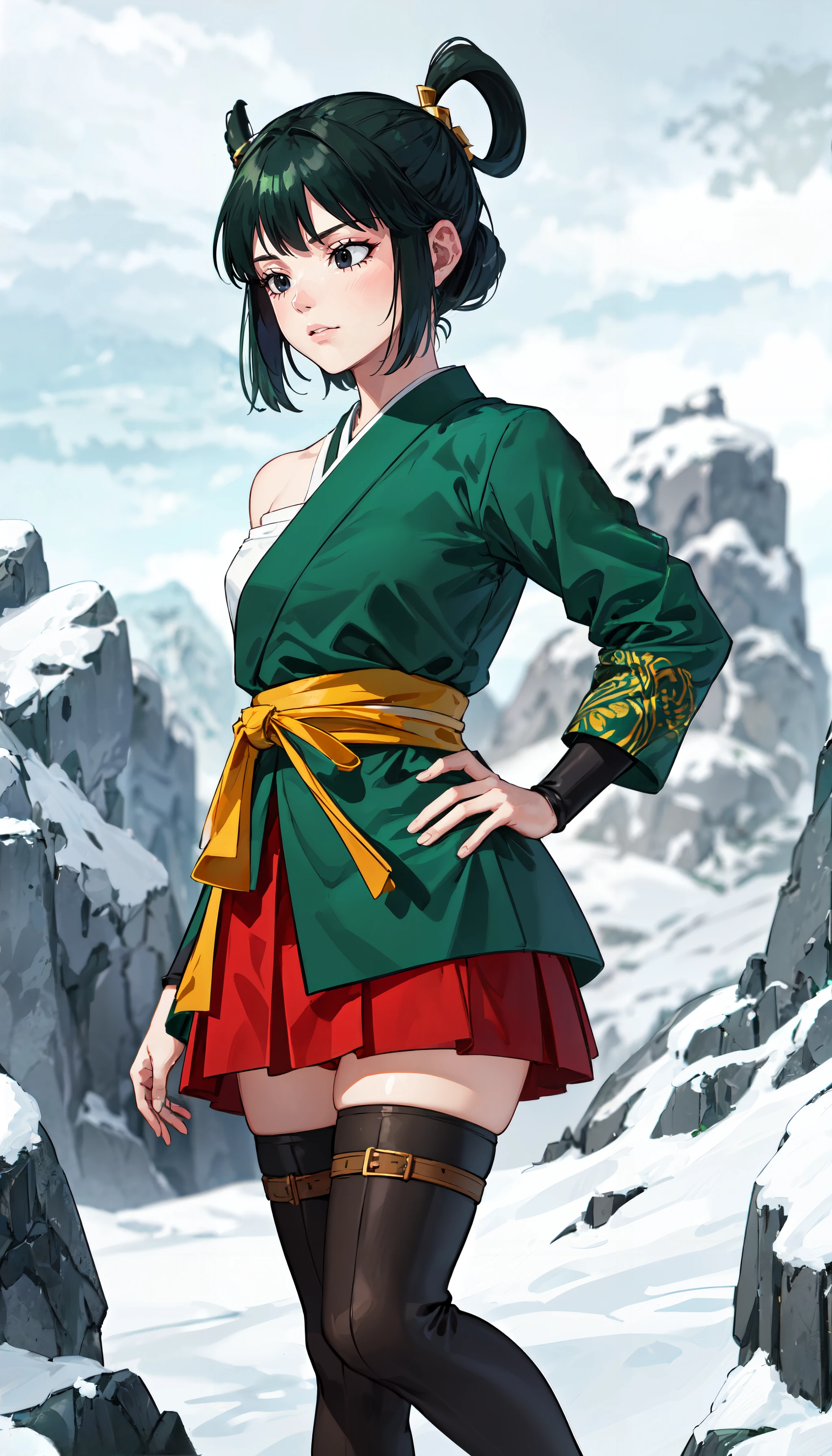 photorealistic, (4k), depth of field, (Masterpiece), (realistic skin texture), extremely detailed, intricate, hyper detailed, professional photography, bokeh, high resolution, sharp detail, best quality, girl, dark green hair, hair rings, sidelocks, black eyes, green kimono, (sarashi:1.3), bare shoulder, red skirt, thighhighs,  <lora:GoodHands-vanilla:0.4>, <lora:detail_slider_v4:0.8> , dynamic pose, (dorsiflexion),  <lora:Yurin-000004:0.7>, mountains, rocky mountains, mountainous horizon, piercing clouds,