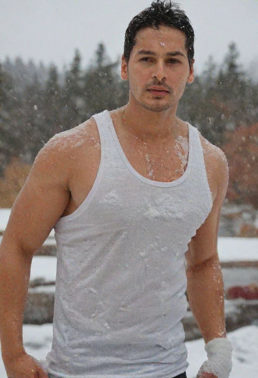 Miles Gaston Villanueva a man <lora:dino-morea_Miles-Gaston-Villanueva:1>, high quality, (wearing white tank top:1.2), alaska, snow, winter, large pectorals, ectomorph body, red, pink, blue