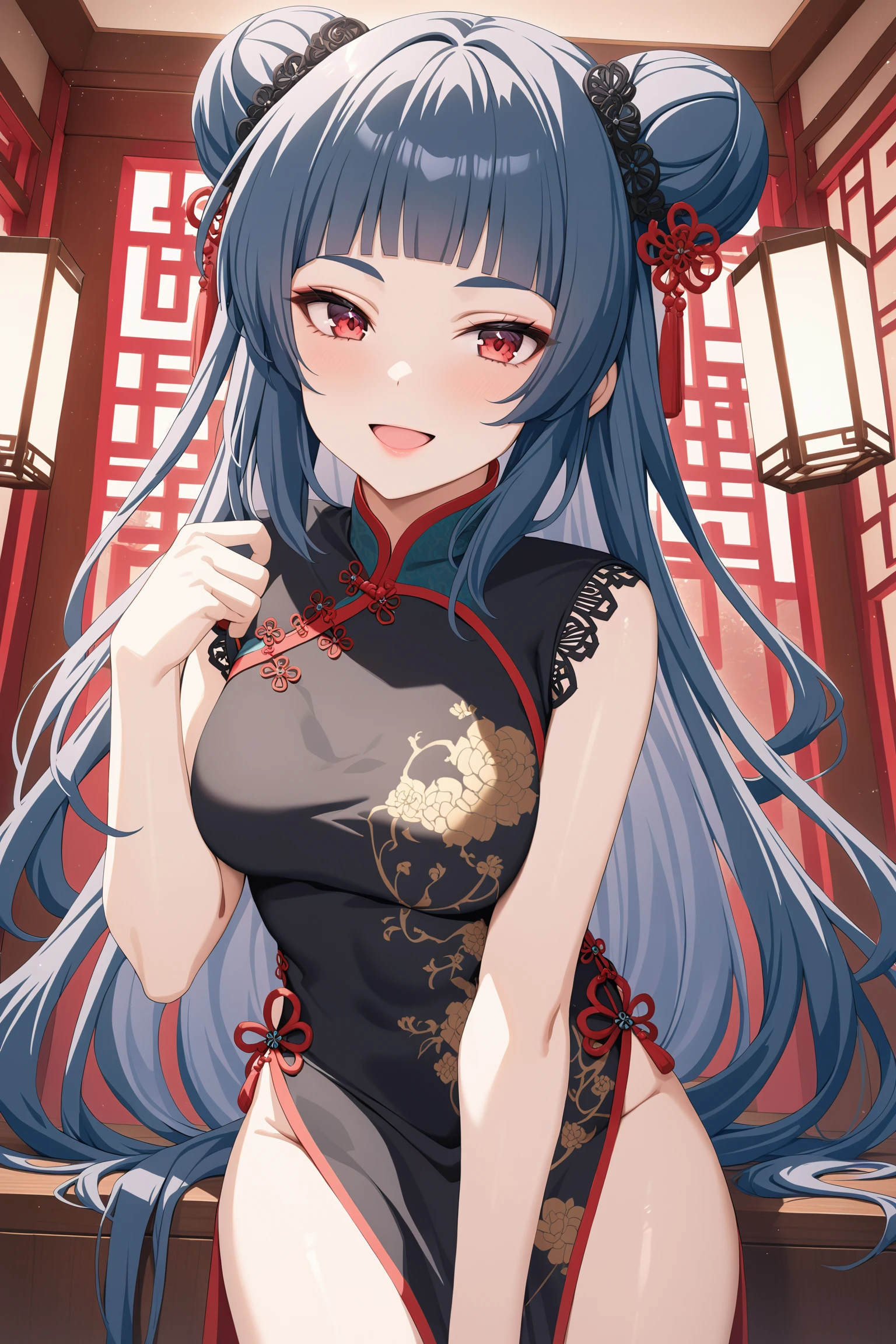 (masterpiece, best quality, very aesthetic, ultra detailed), intricate details, highly detailed background, perfect lightingbest quality, kurokawanagiko, solo, indoors, dark blue hair, double bun, blunt bangs, very long hair, red eyes, medium breasts, black dress, china dress, chinese clothes, smile, open mouth, :d, pink lips, <lora:Kurokawa-Nagiko-XL-10:0.7>