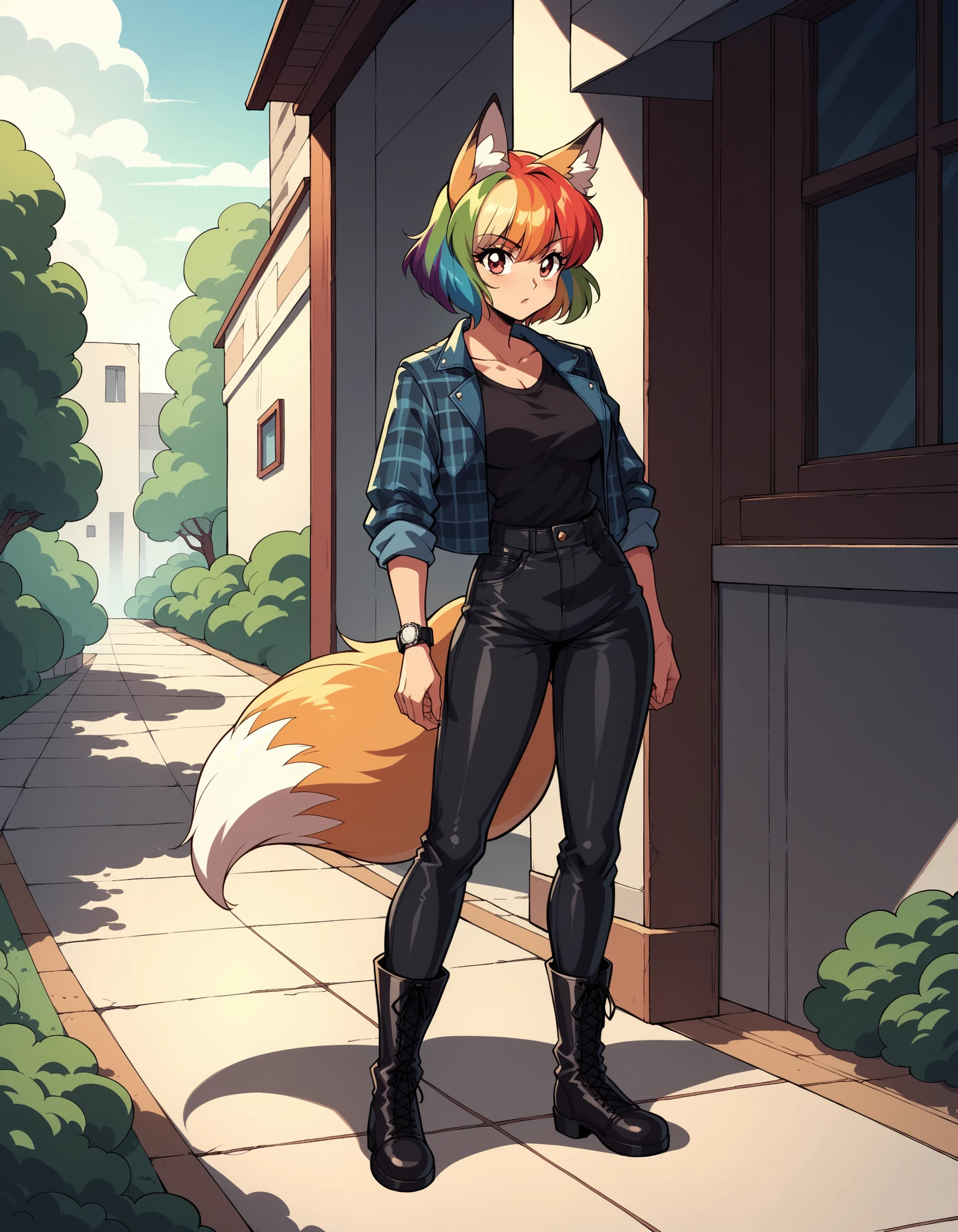 80sAnimationPnyXL RainboFemFoxPDXL GrungeOutfiPDXL, full body, outdoors