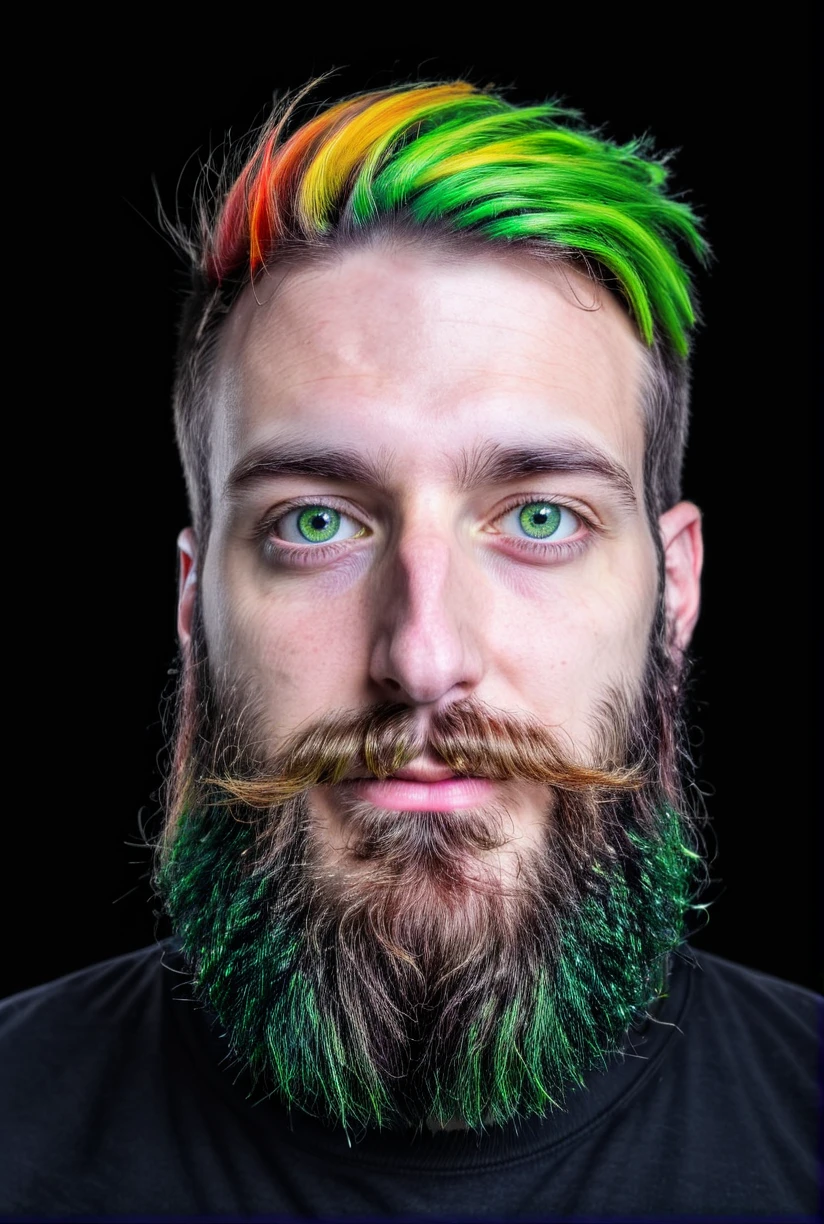 1man,solo,rainbow hair,green eyes,beard,<lora:detailedfacesconceptSDXL_v2-000010>,black background,