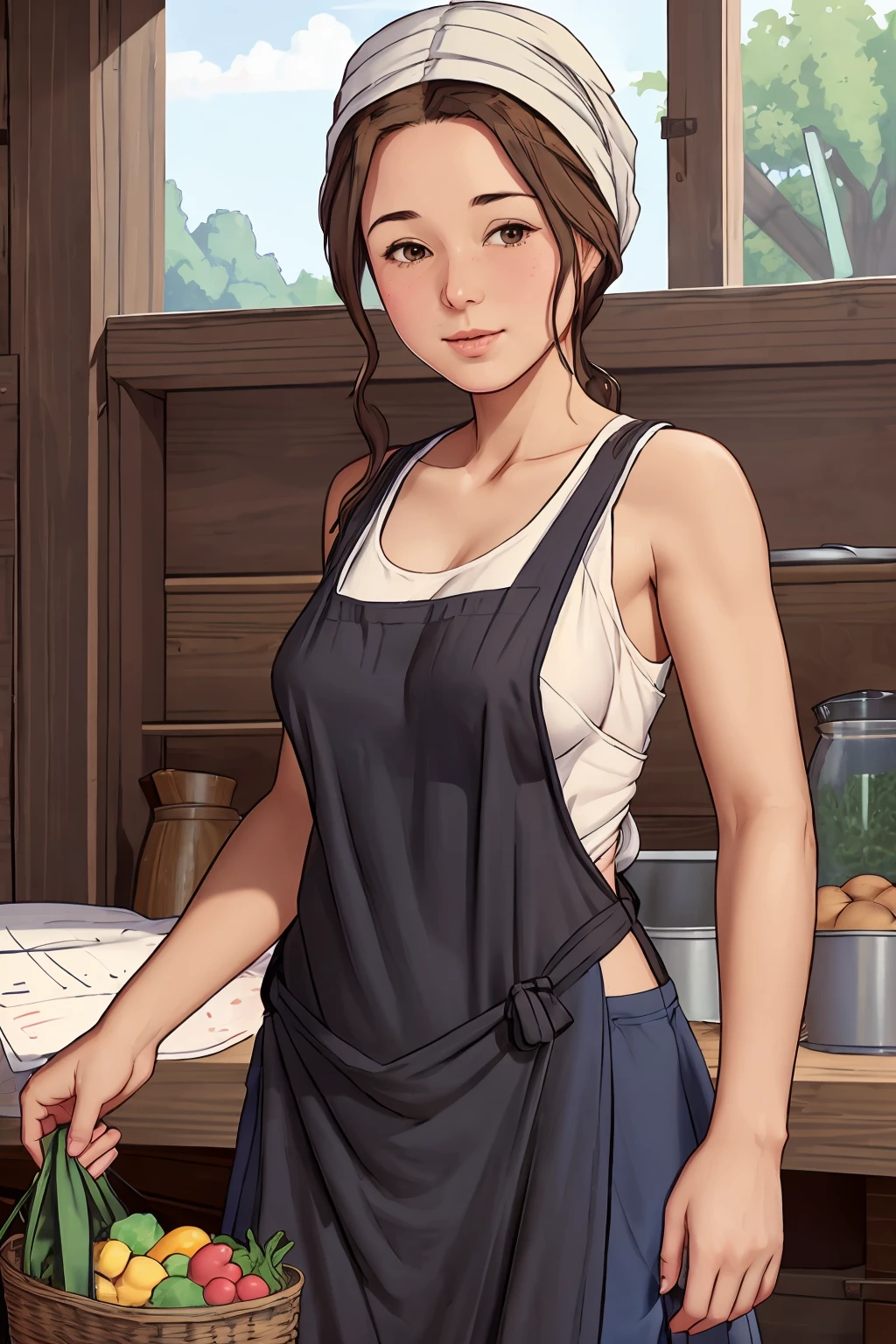 douie, mature woman, brown hair, no bra, tank top, apron, farm girl, cartoon,
<lora:countrylives-v1:1>